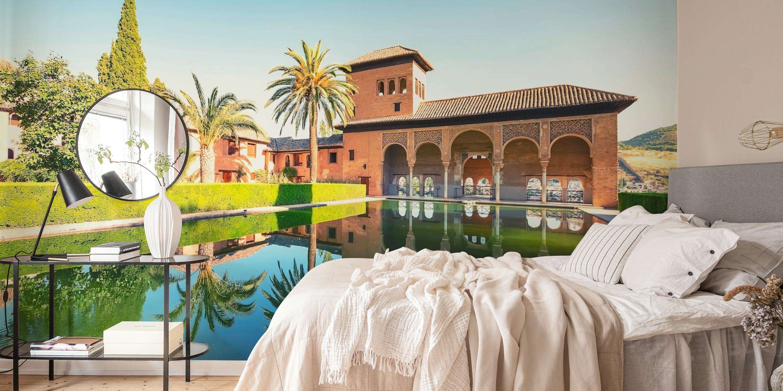 Lush green garden with palms and historical building reflection wallpaper
