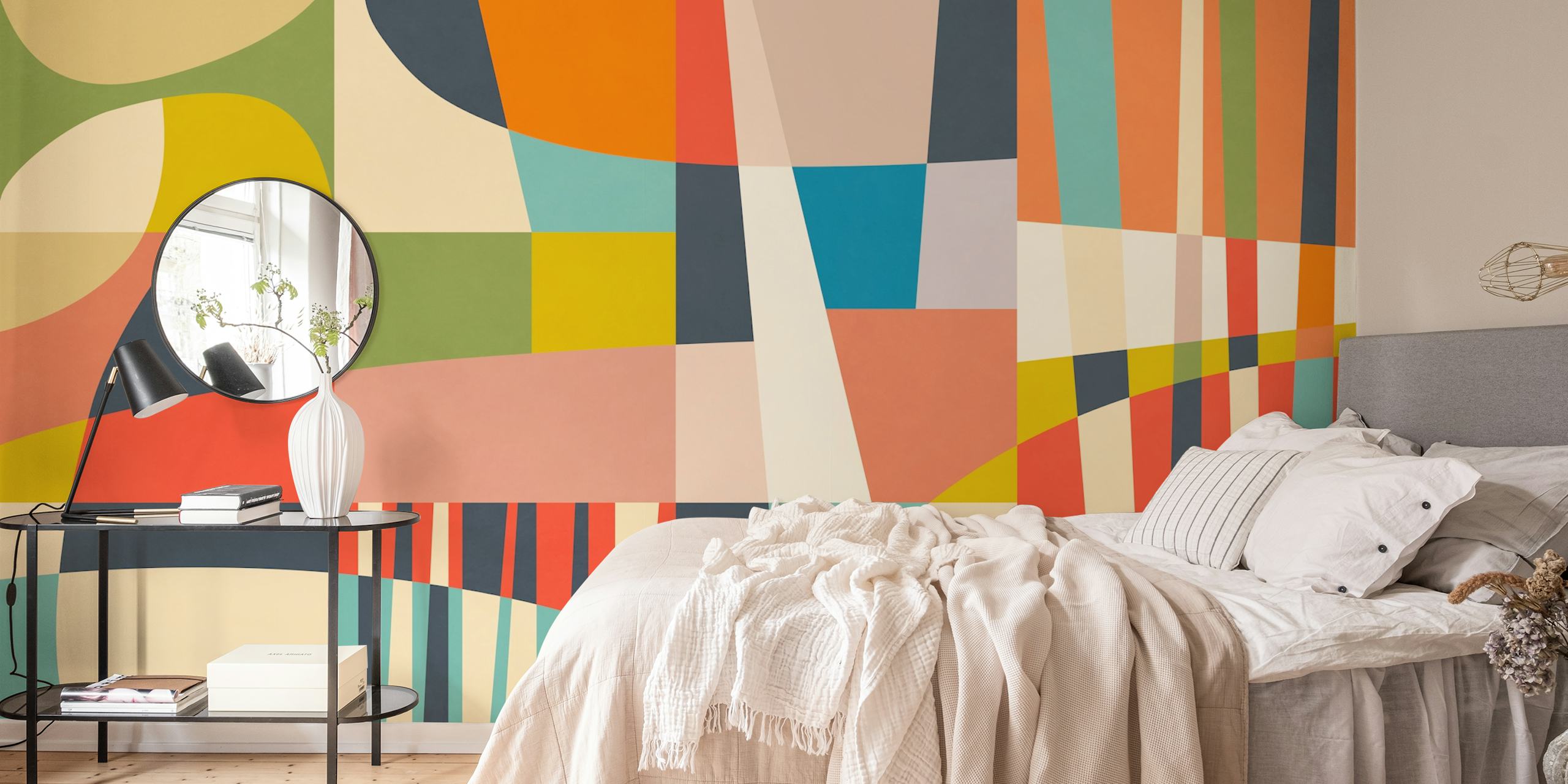 Colorful geometric shapes in peach, green, blue, and orange wallpaper
