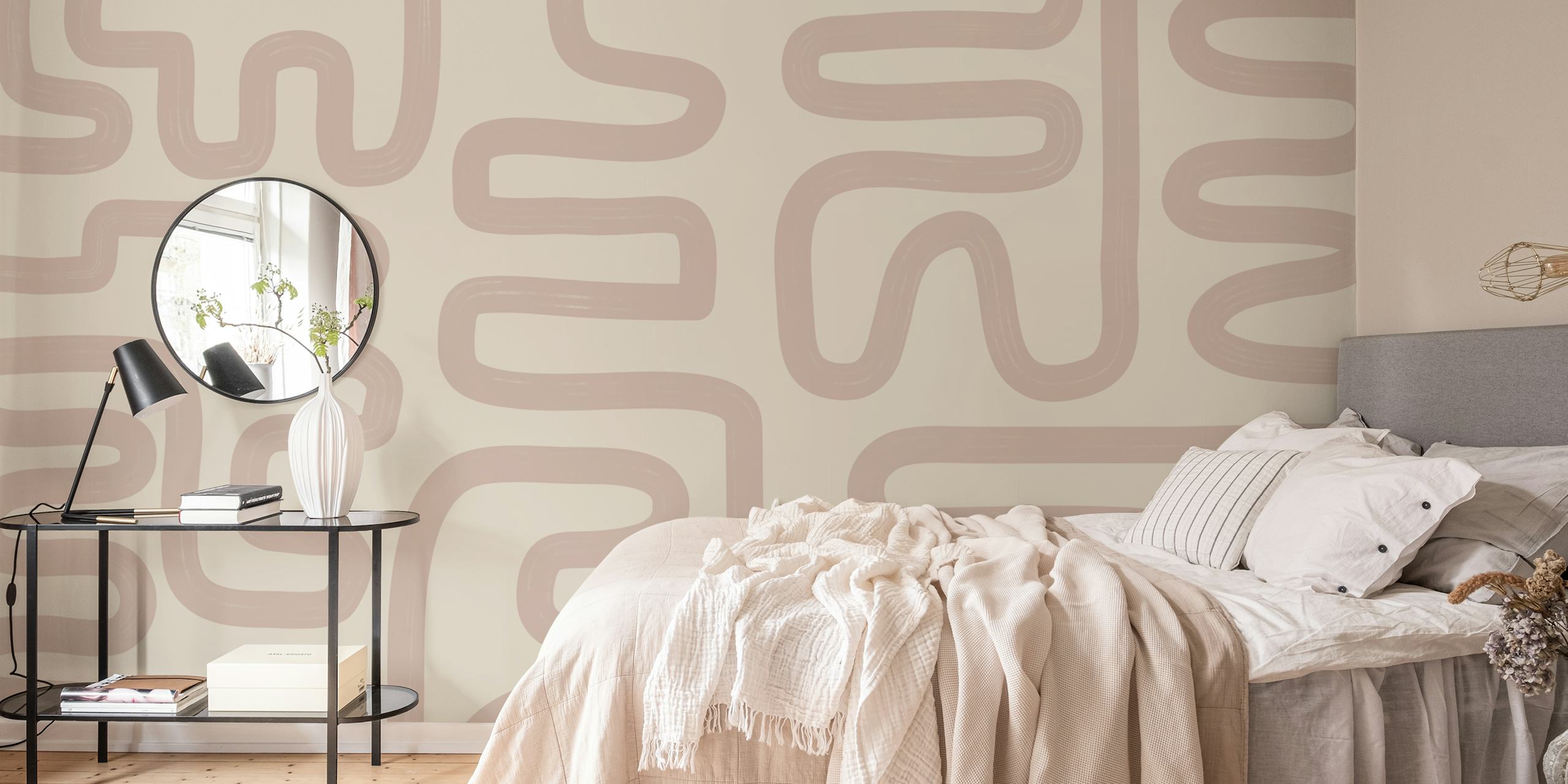 Abstrakte Linien in sanftem Beige und Rosé auf Tapete