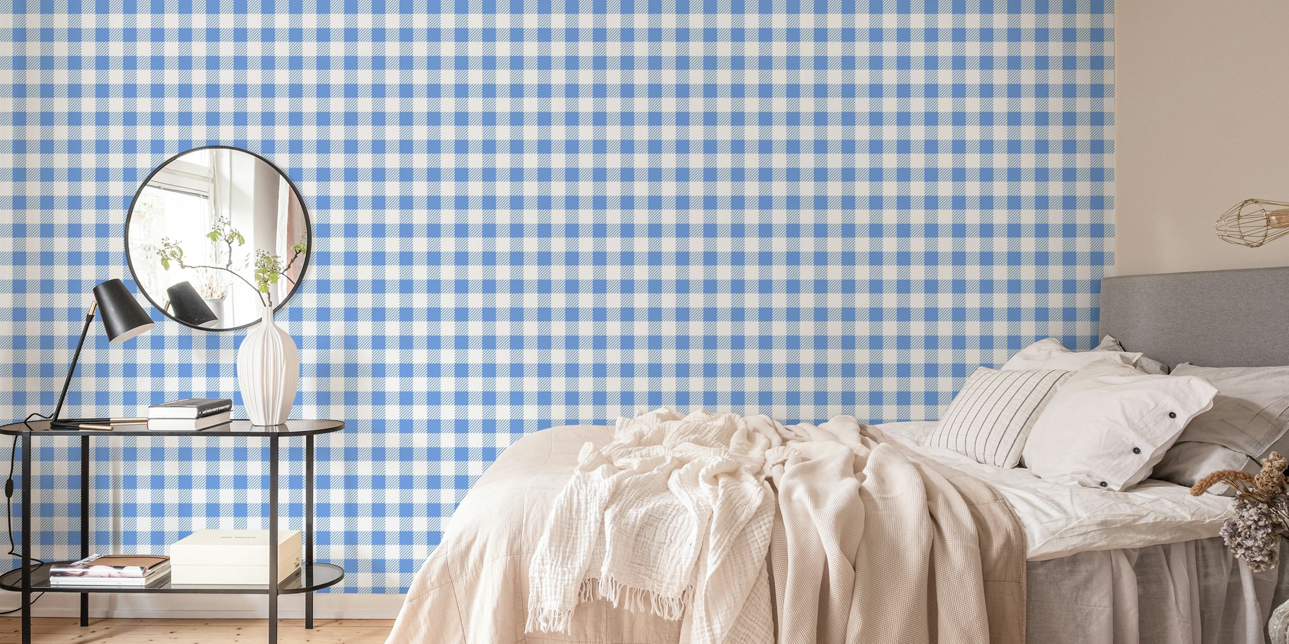 Blue and white checkered pattern wallpaper