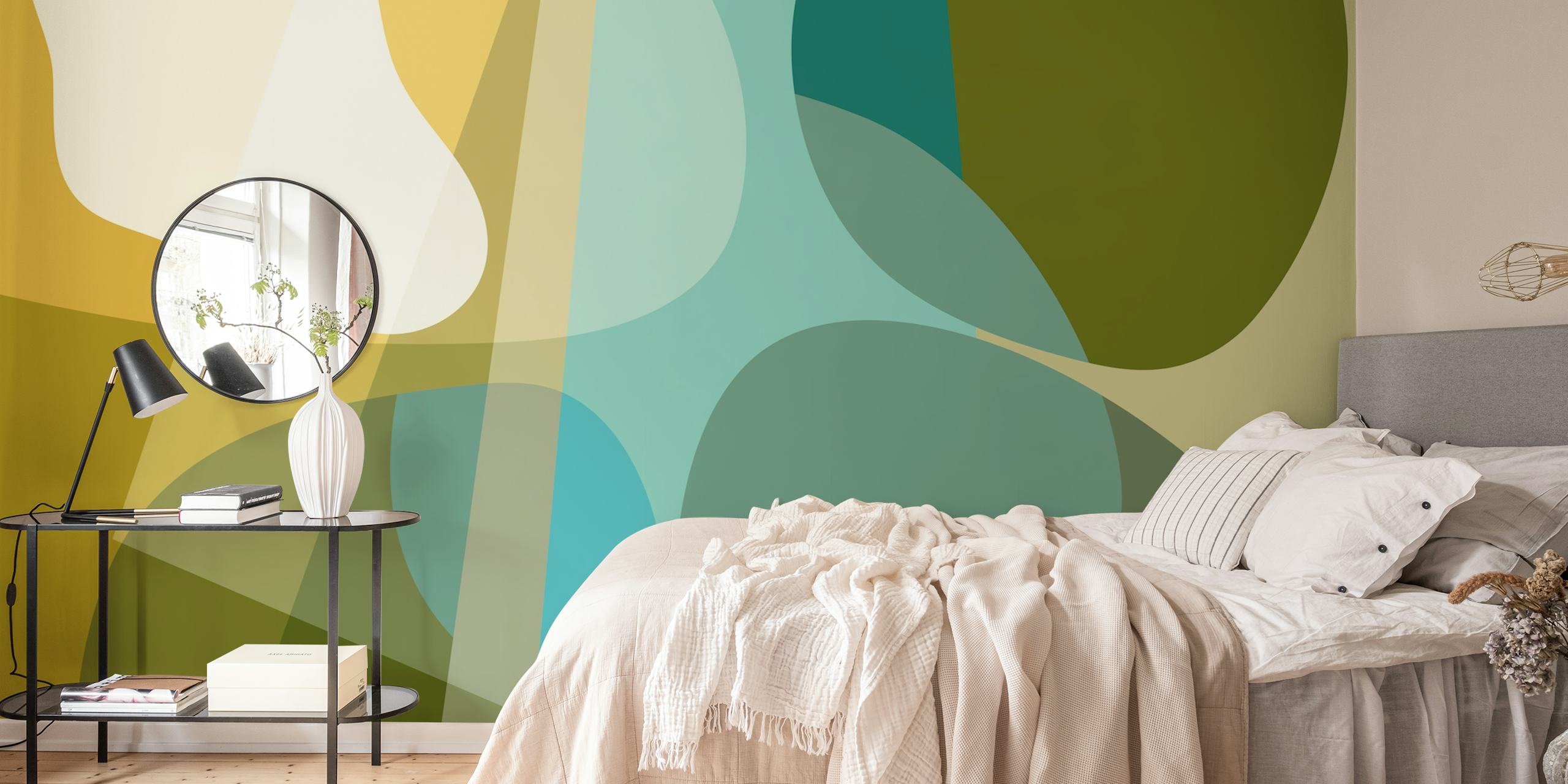 Vintage geometric shapes in green, blue, and yellow wallpaper