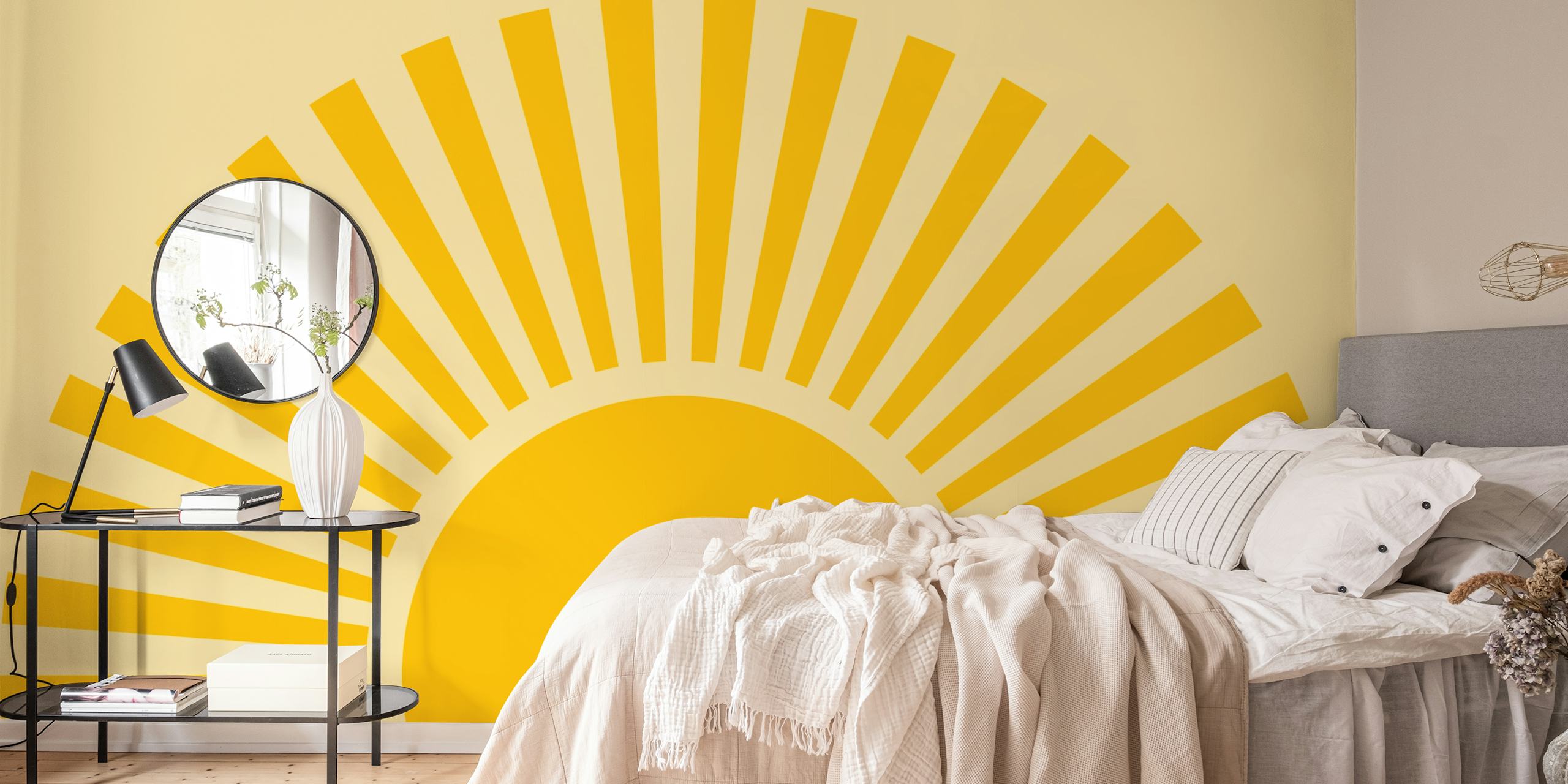 Yellow sunburst design on light background wallpaper