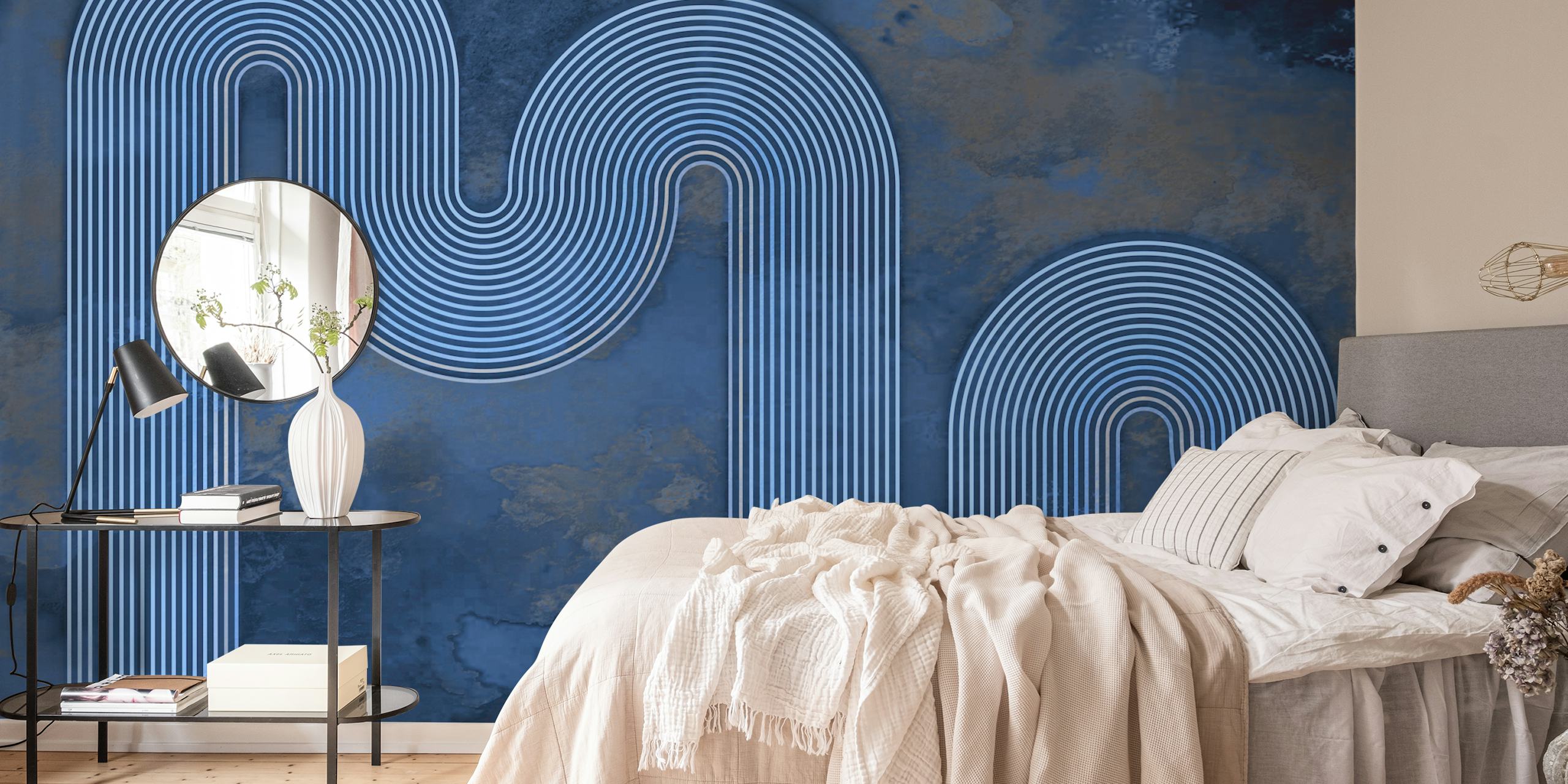 Blue curved lines wallpaper in a room