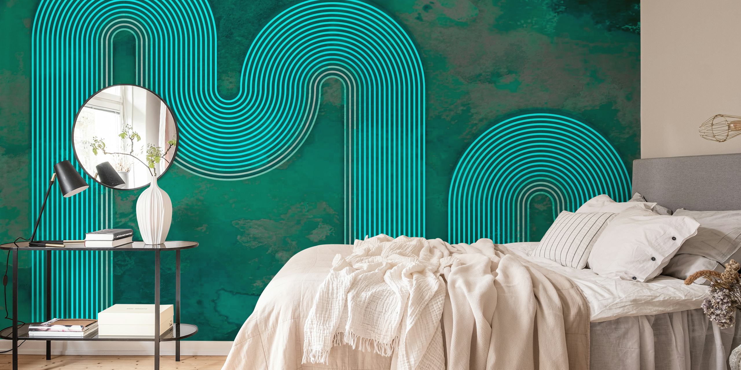 Flowing line art pattern in teal and aqua tones wallpaper