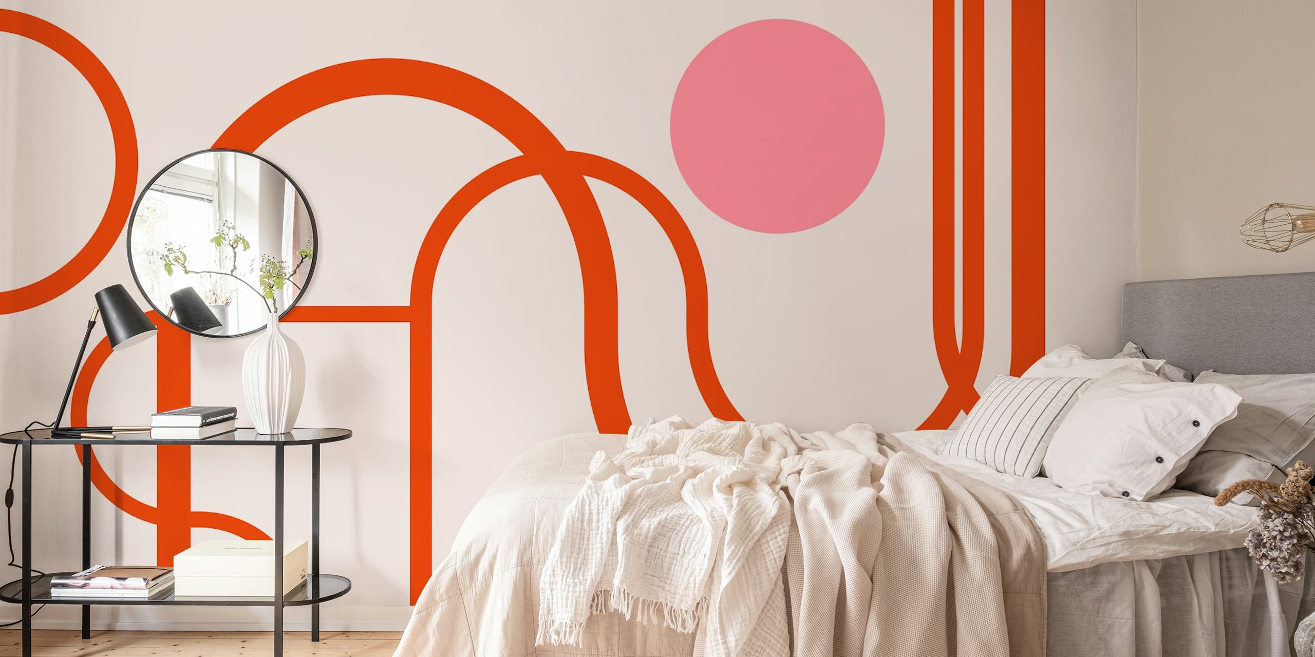 Geometric patterns with red lines and a pink circle wallpaper