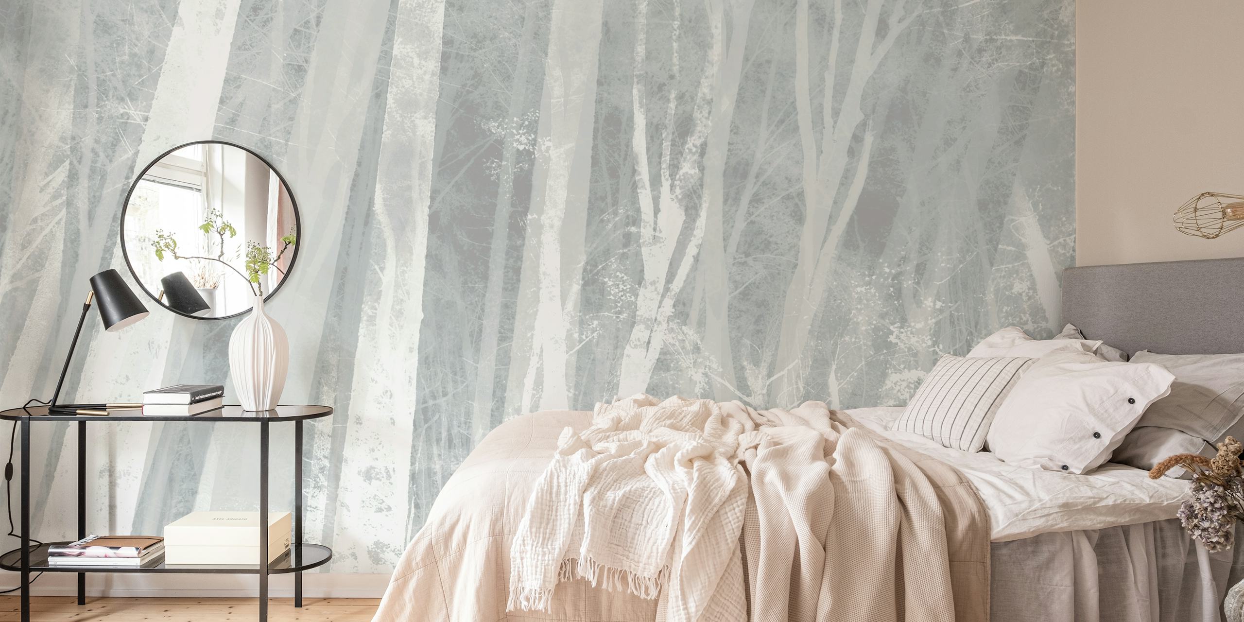 White birch trees on a gray background wallpaper