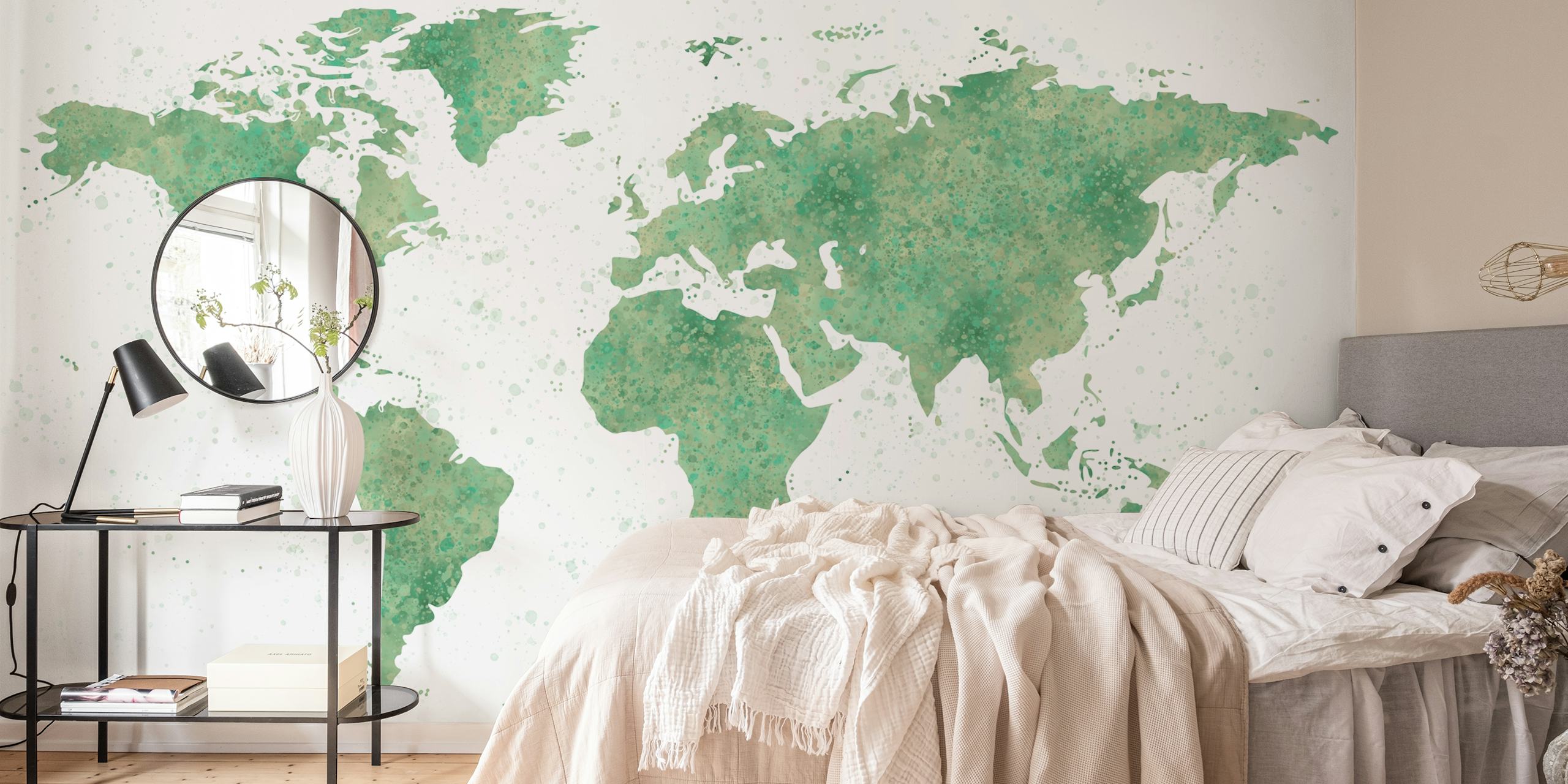 Sage green World Map Mural en una habitación