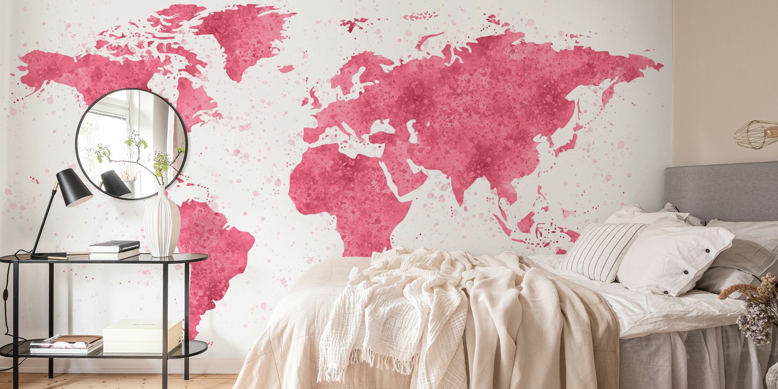 World Map Mural in magenta colors