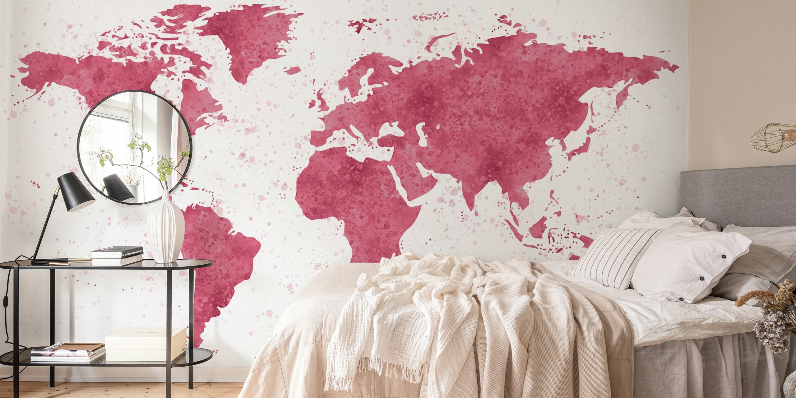 Burgundy world map mural in een kamer