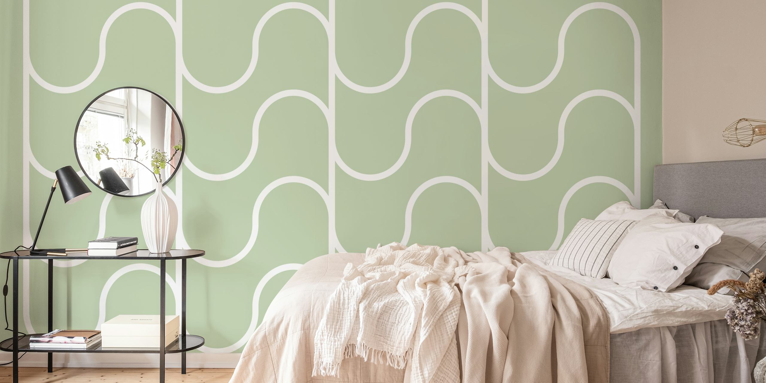 Sage green and white wave pattern wallpaper