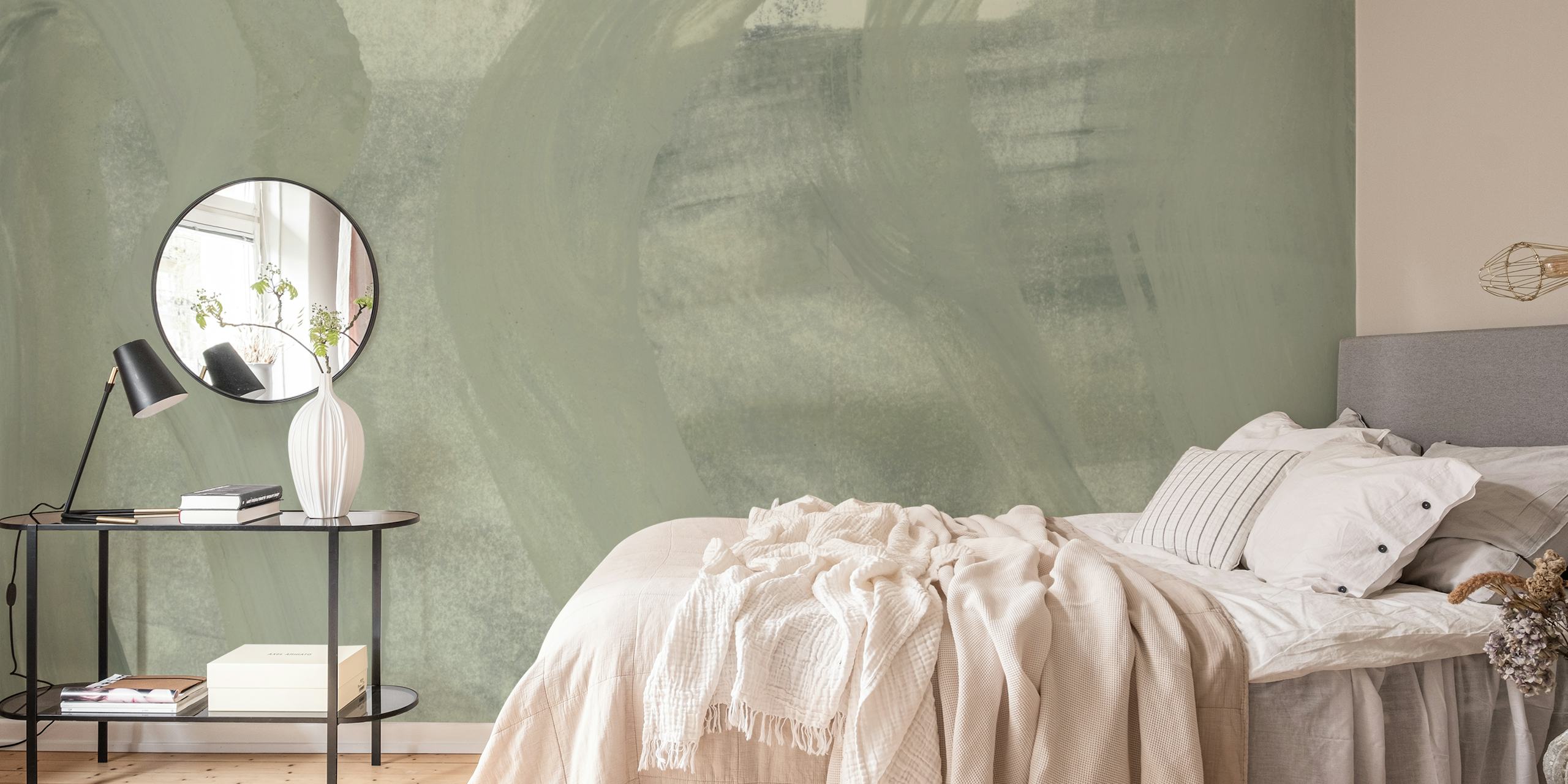Brush strokes in soft olive and muted gray wallpaper