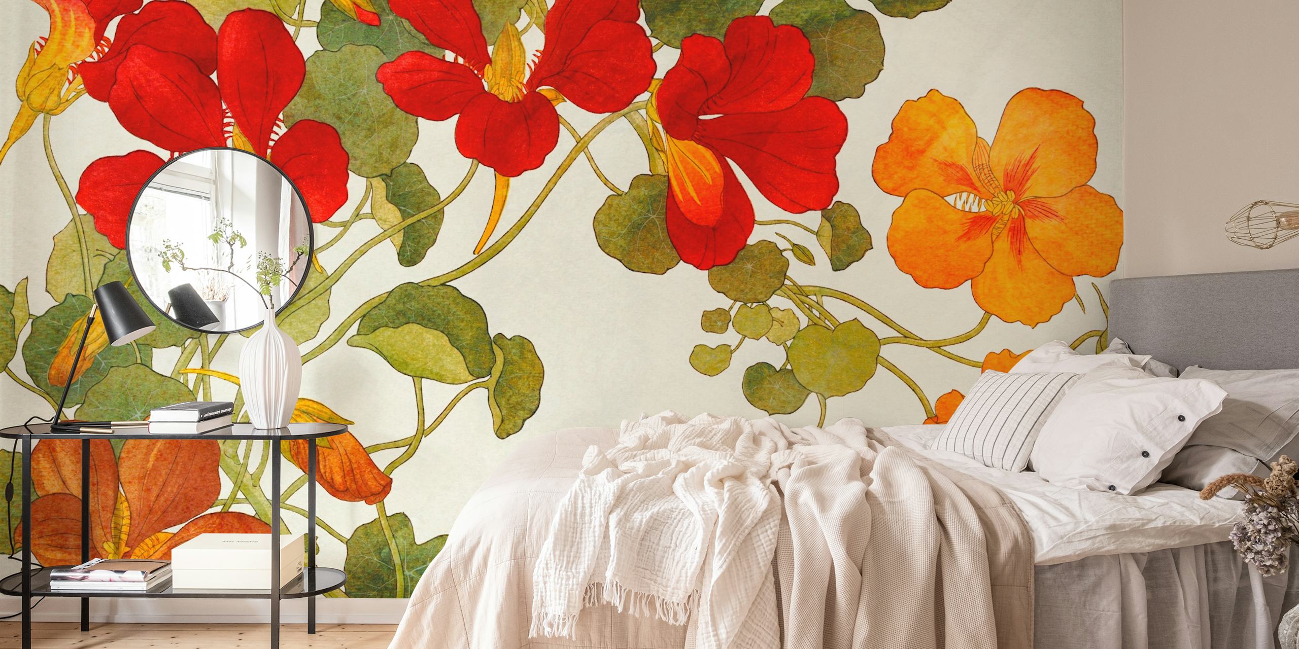 Red and orange floral pattern on cream background wallpaper