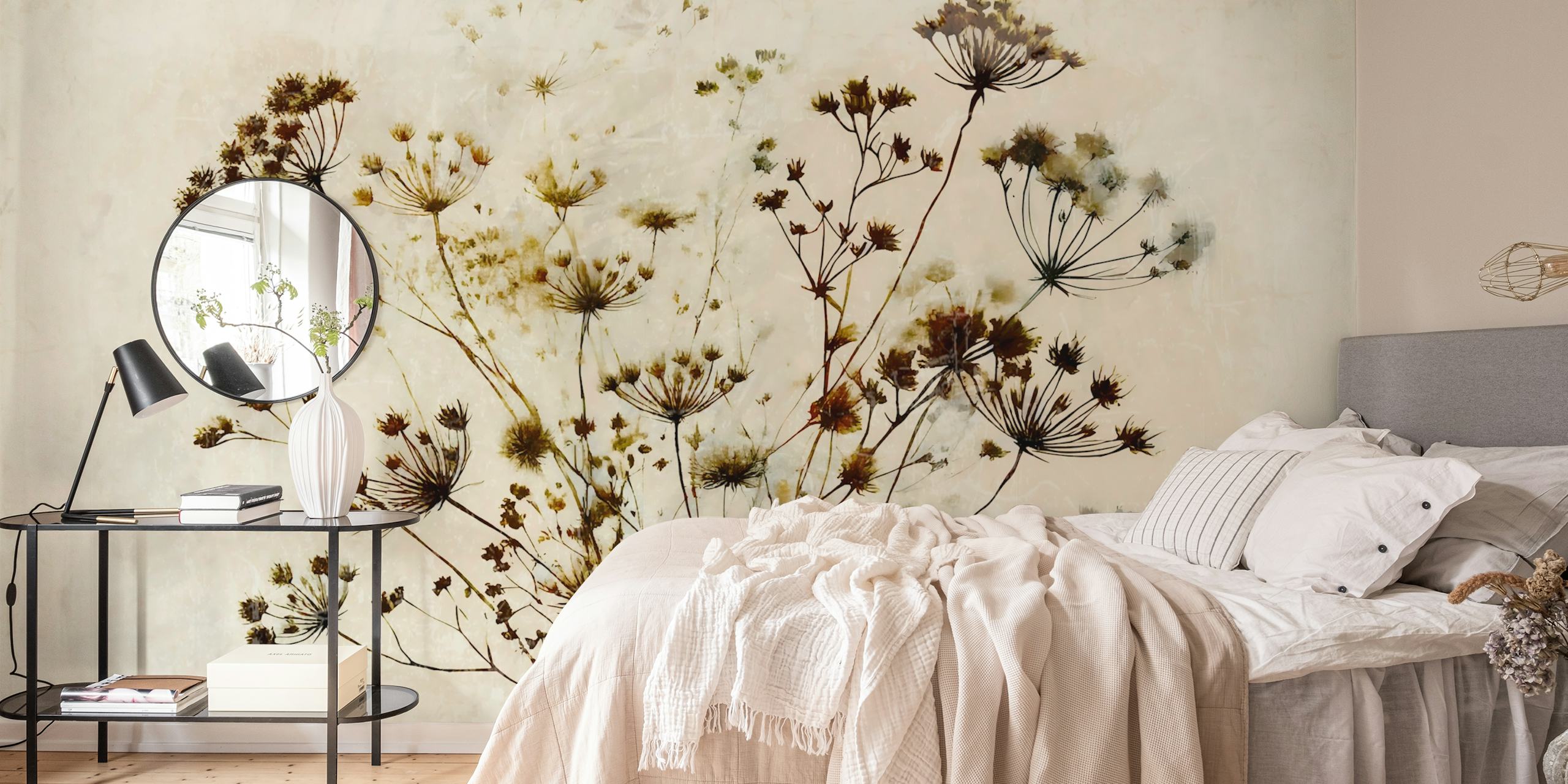 Rustic floral wallpaper in a room setting
