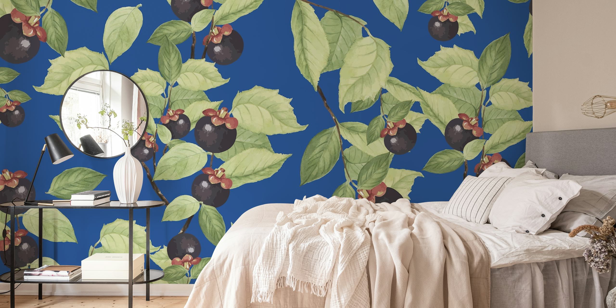 Fruit Blue wallpaper design displayed in a room
