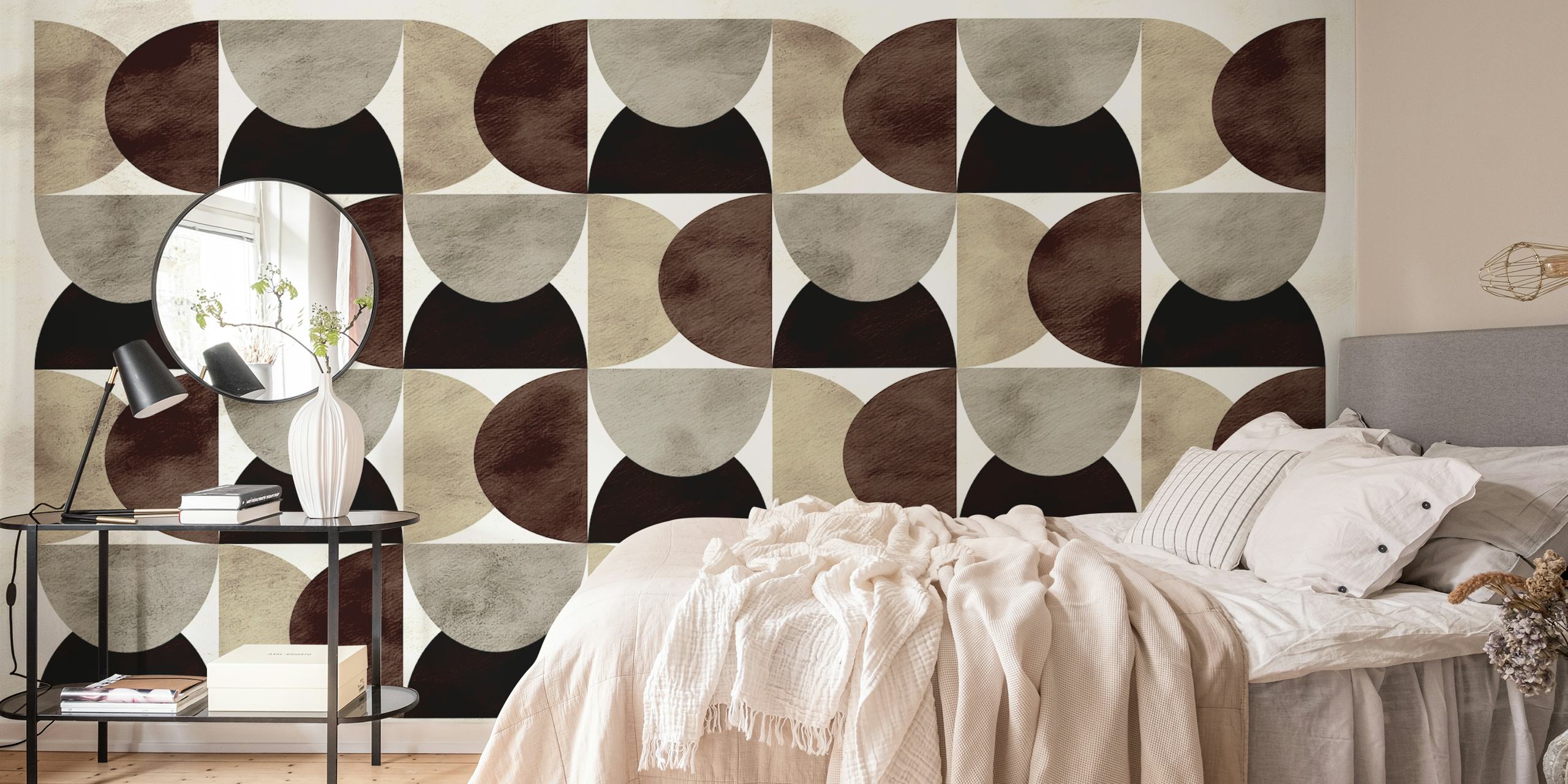 Geometric pattern in earthy tones of black, cream, and gray wallpaper
