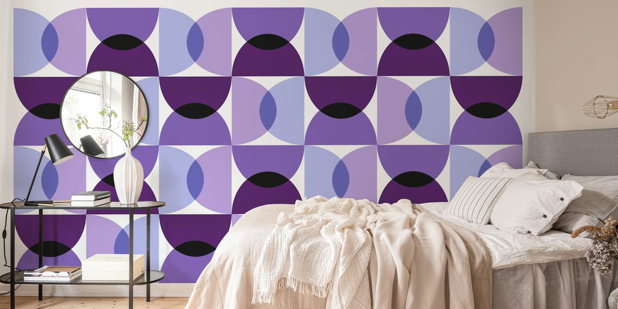 Geometric purple pattern wallpaper with circles and ovals