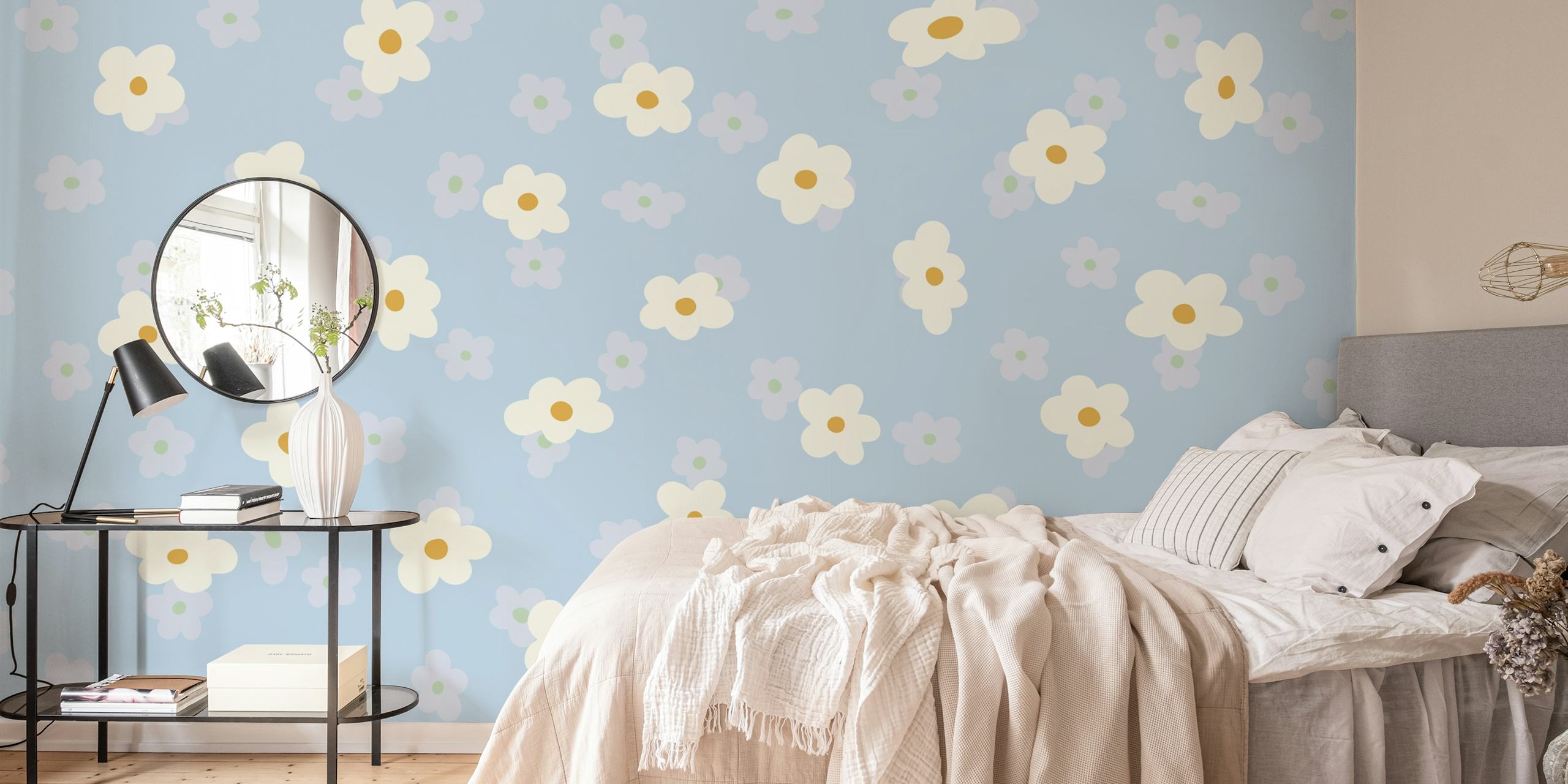 Blue floral wallpaper with white daisies and pastel accents