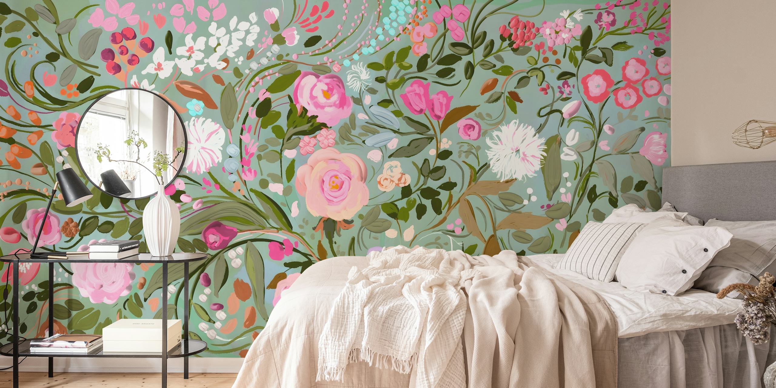 Floral pattern with pink roses and green leaves wallpaper