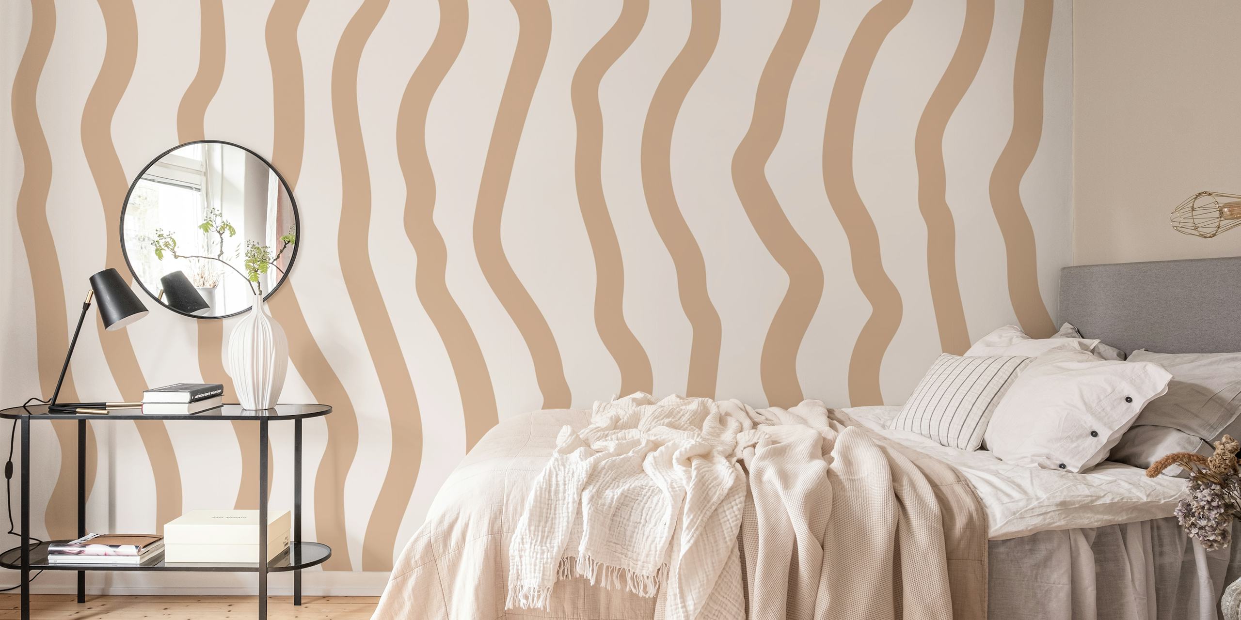 Cream and beige wavy stripes wallpaper design