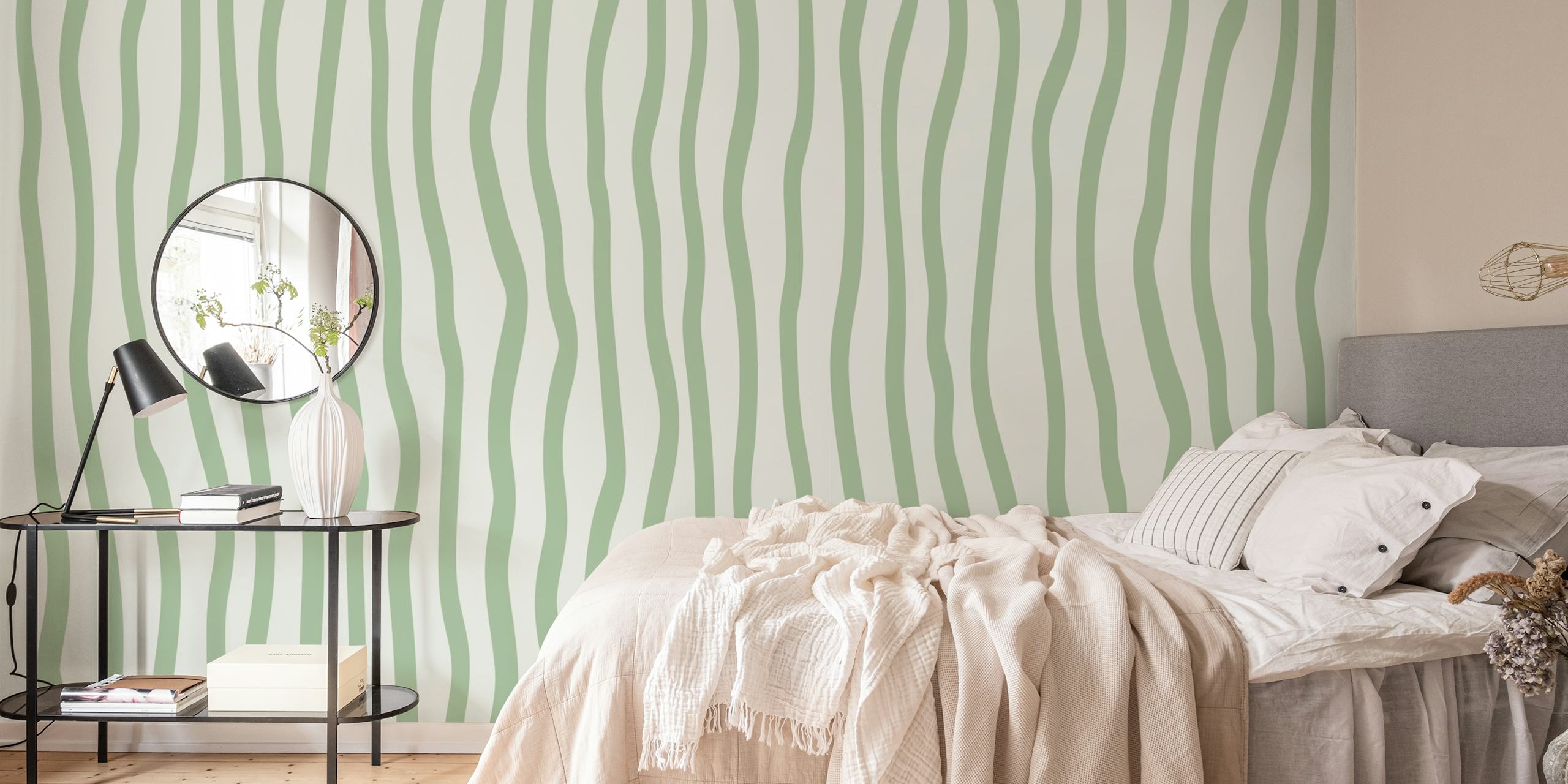 Sage green striped wallpaper in a room