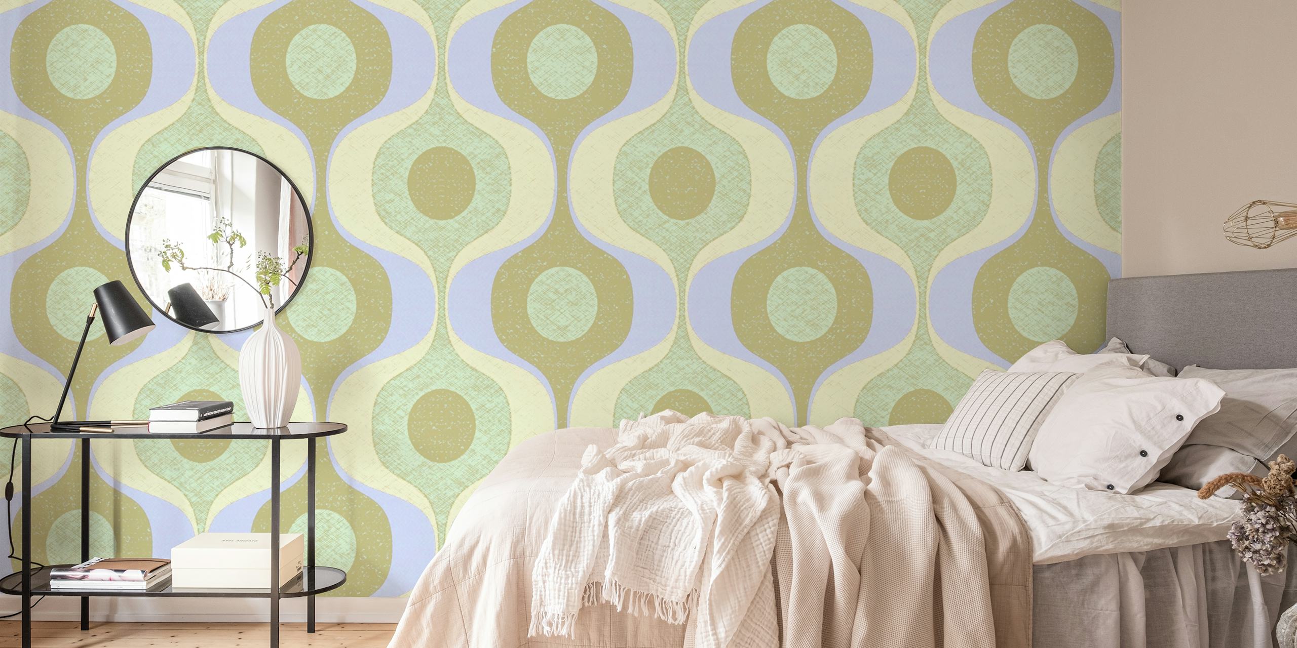 Pastel 70s funky geometry wallpaper in a room