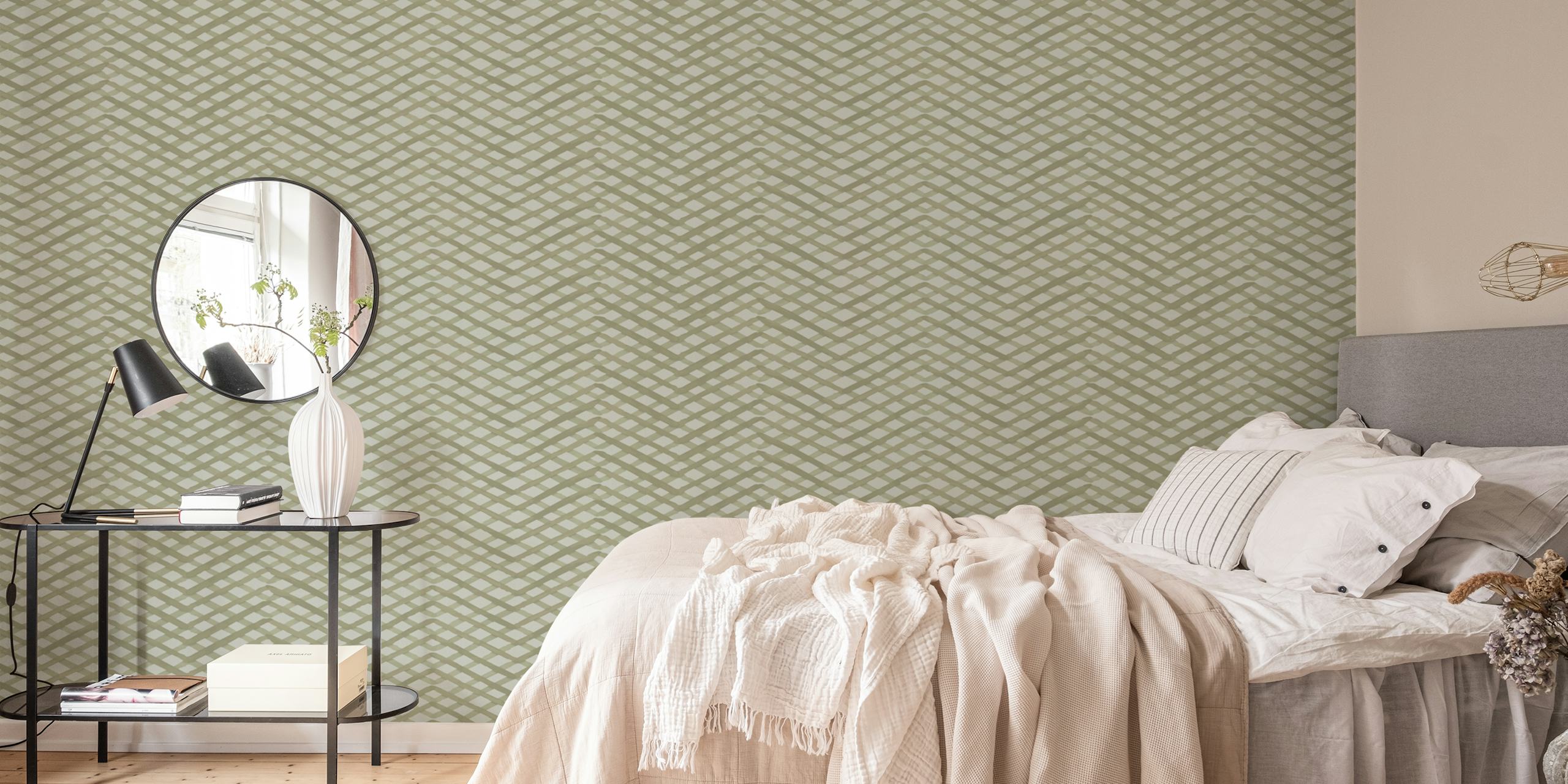 Papel de parede Grid Greens em uma configuração de quarto
