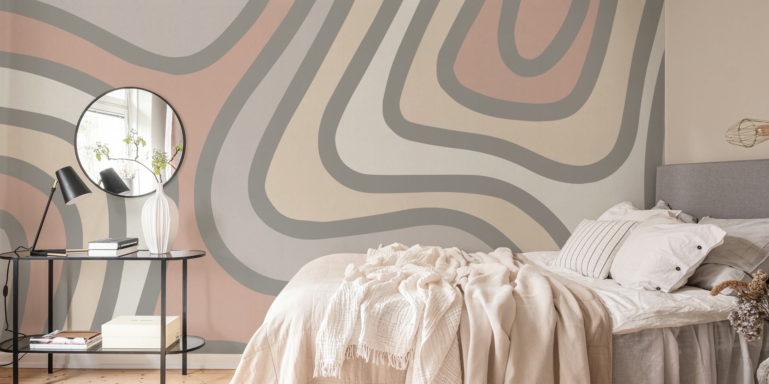 Abstract wavy lines in pink and gray on beige wallpaper