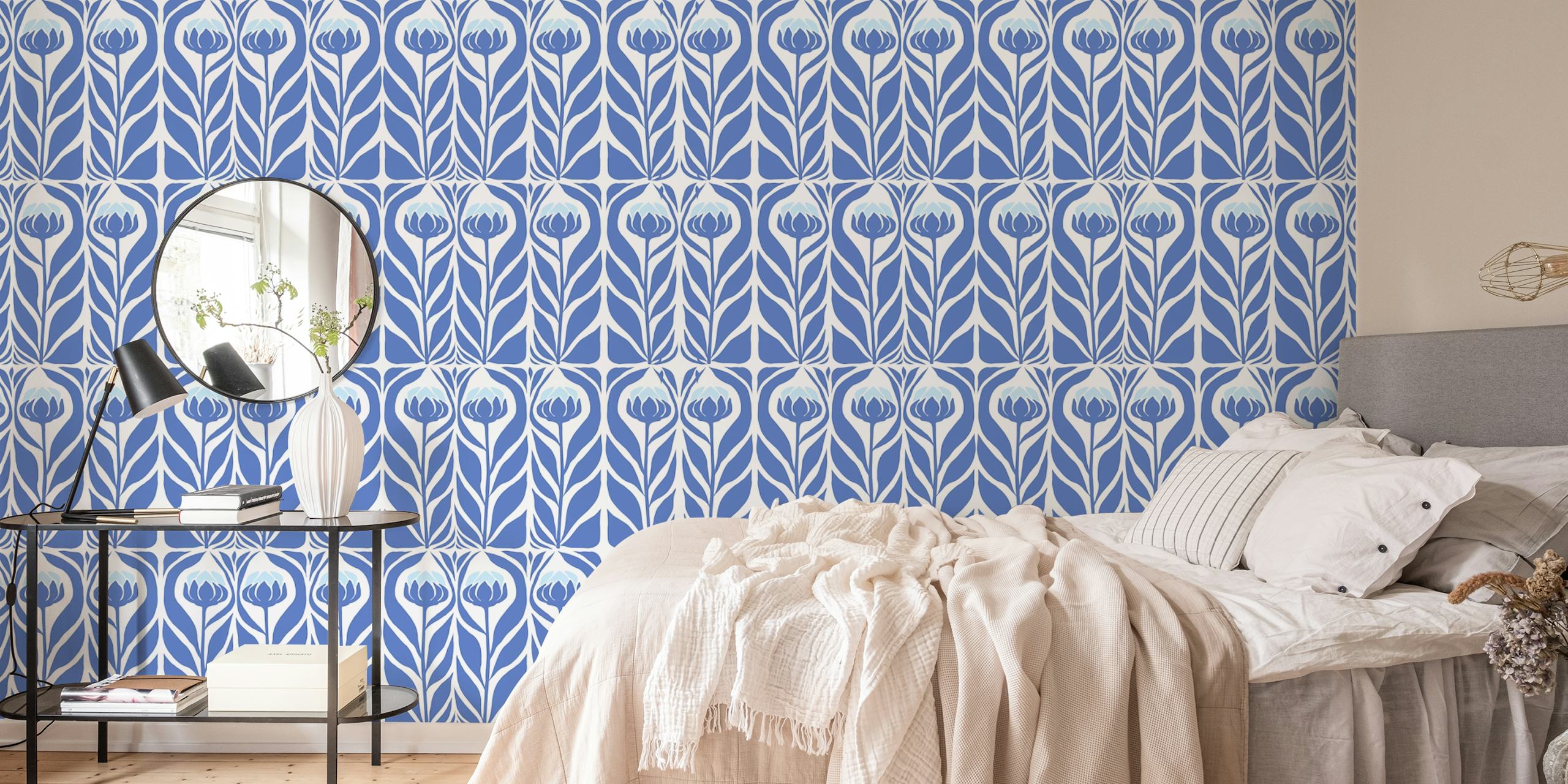 Blue flower wallpaper in a room