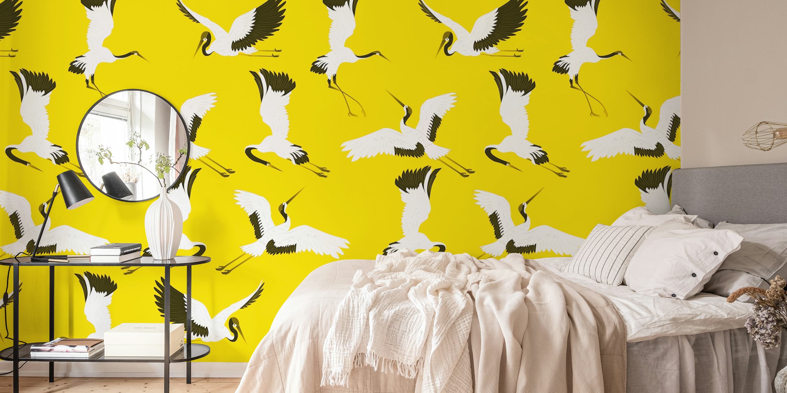 White cranes flying against a bright yellow background wallpaper
