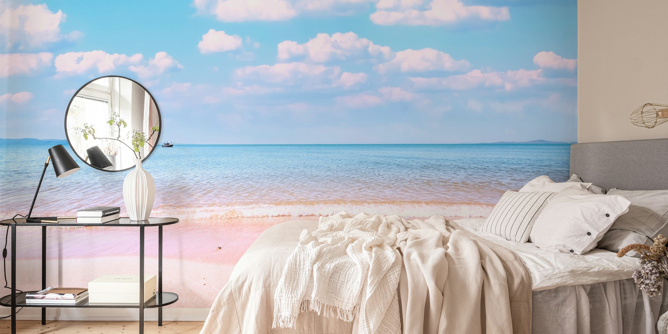 Tropical beach scene wallpaper with soft sand and blue ocean