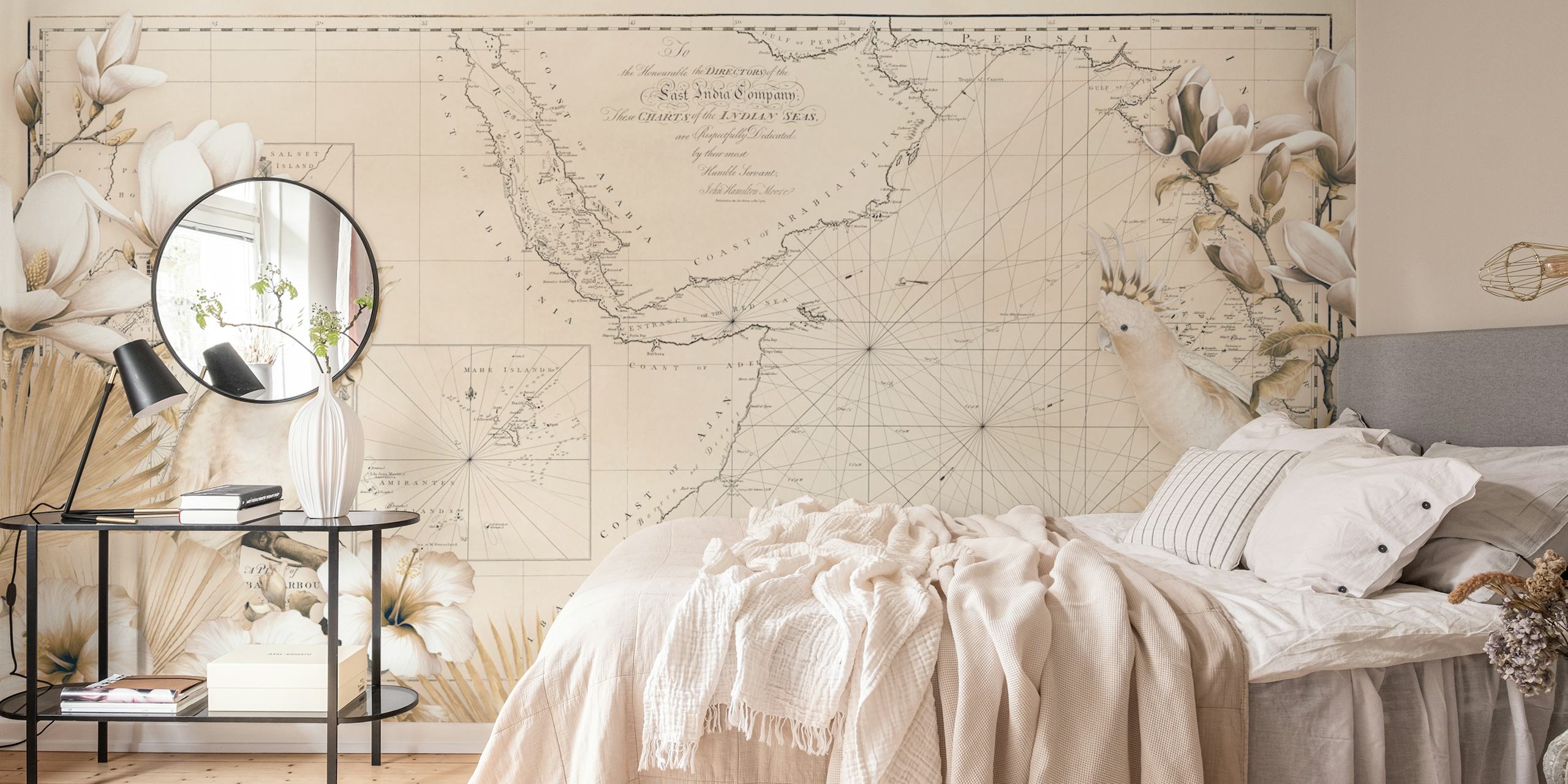 Cockatoos Tropical Journey Floral Map behang in een kamer