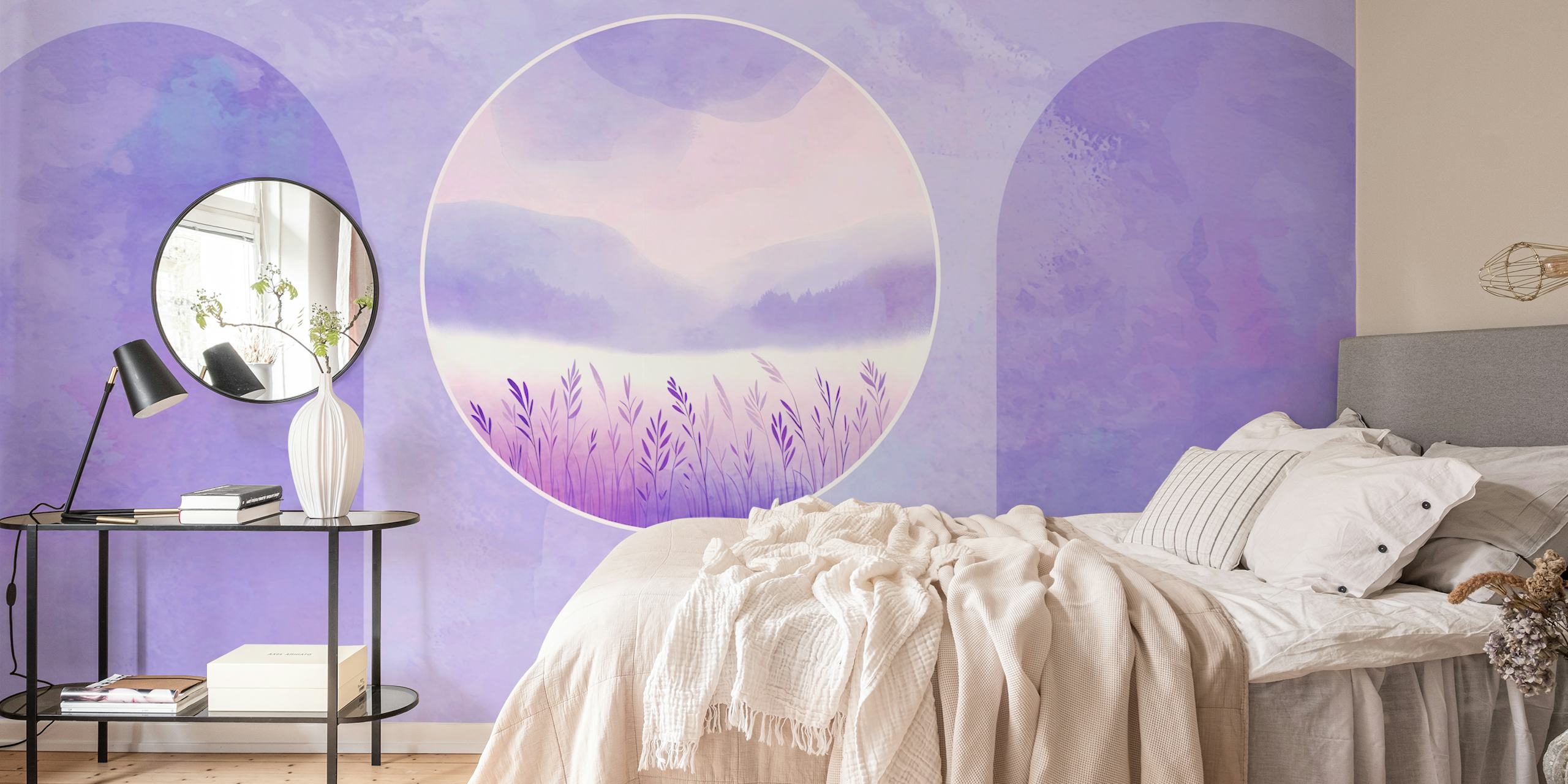Lavender field landscape in soft purple tones wallpaper