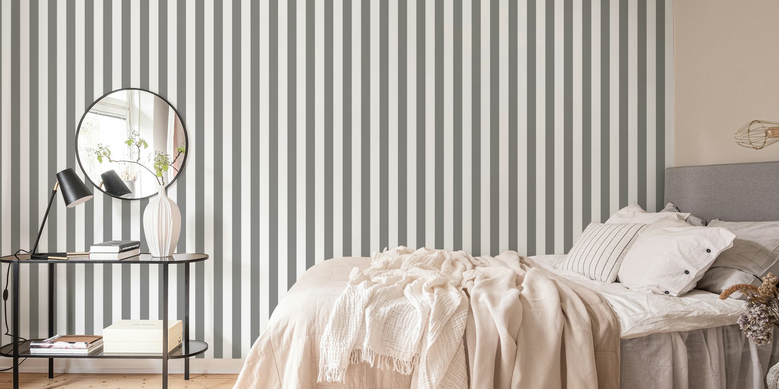 Vertical grey striped wallpaper in Scandinavian style