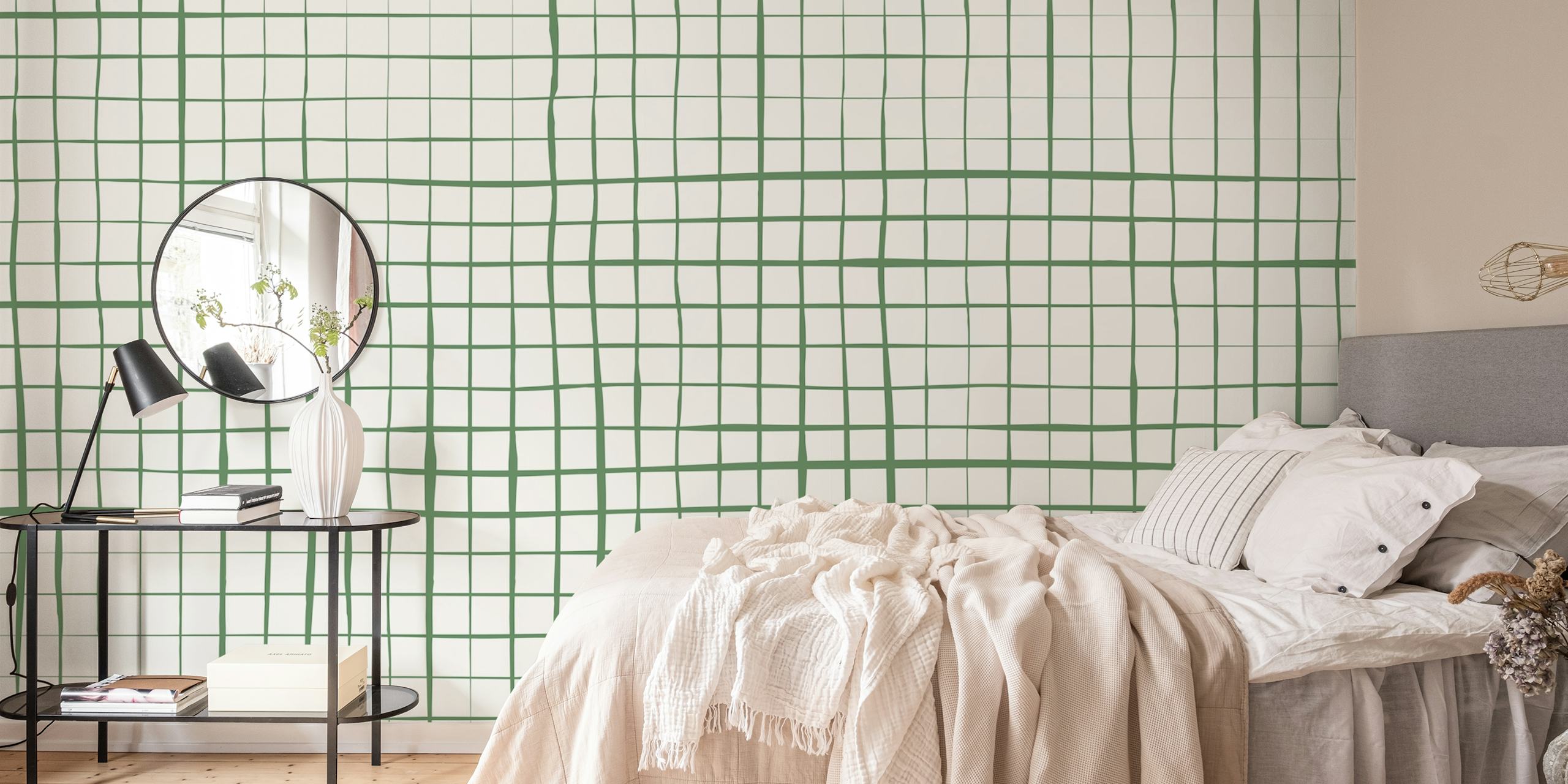 Stripes Grid Green behang in een kamer