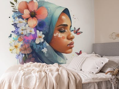Watercolor Floral Muslim Arabian Woman #3