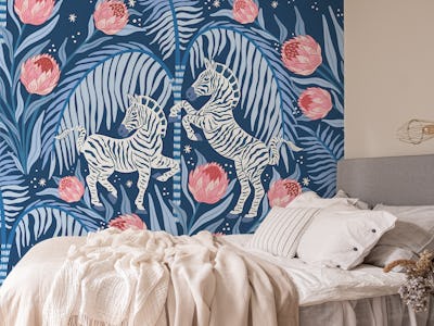 Zebra and Protea - dark blue