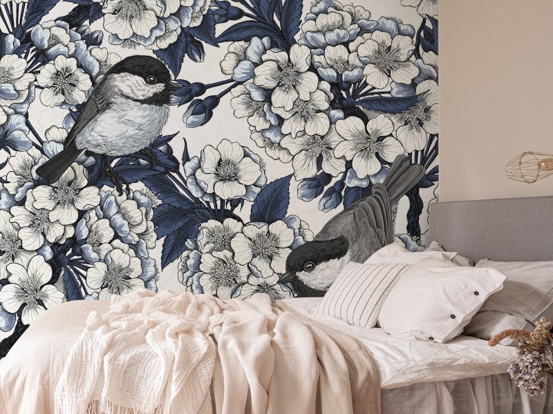 Cherry blossoms and birds, white and blue