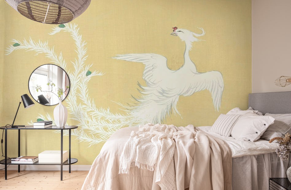 Yellow gold leaf panoramic wallpaper - Japanese cranes