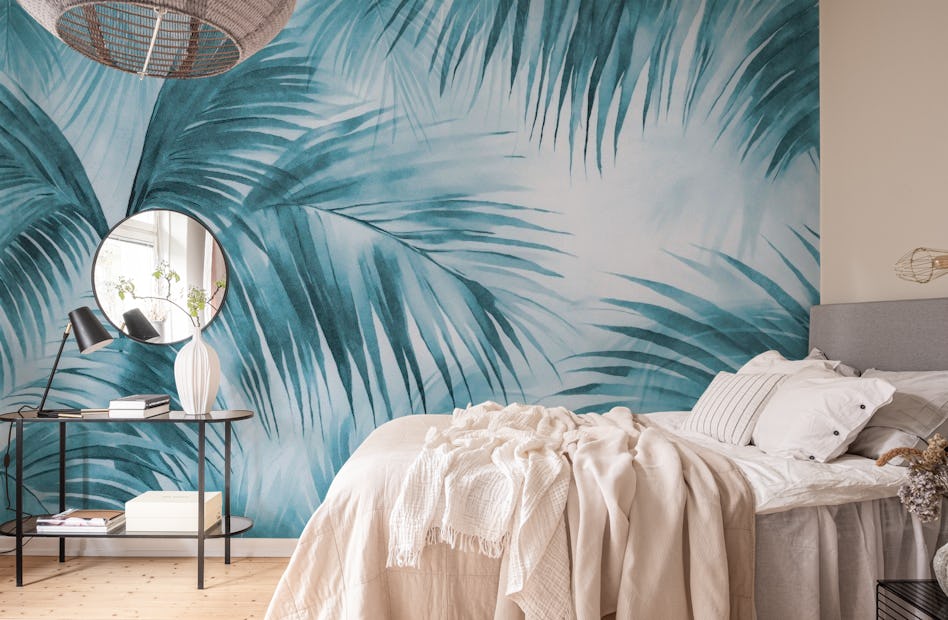 Blue Palm Leaf Watercolor Wall Mural