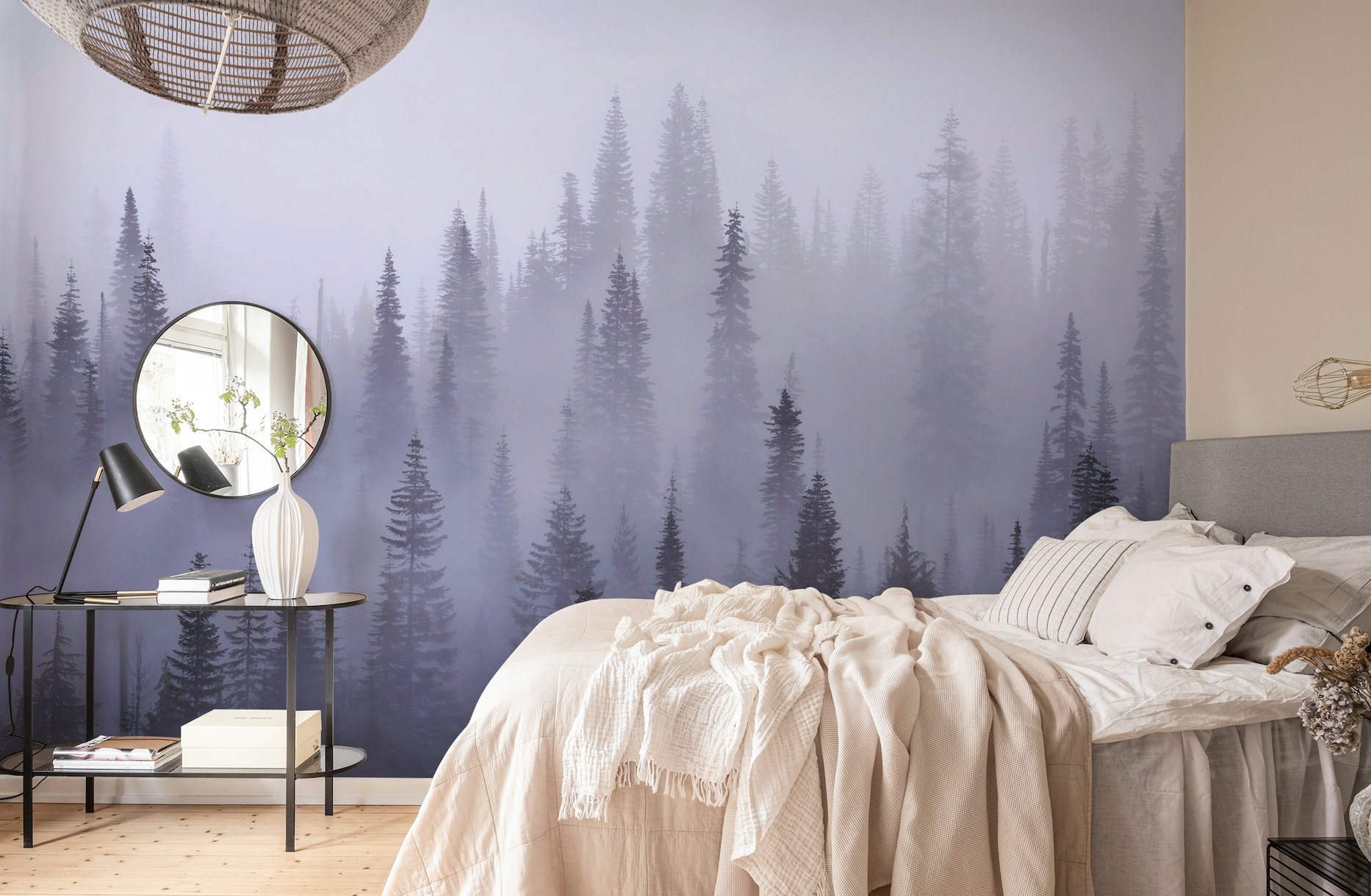 Enchanting view of misty forest and towering trees wallpaper design