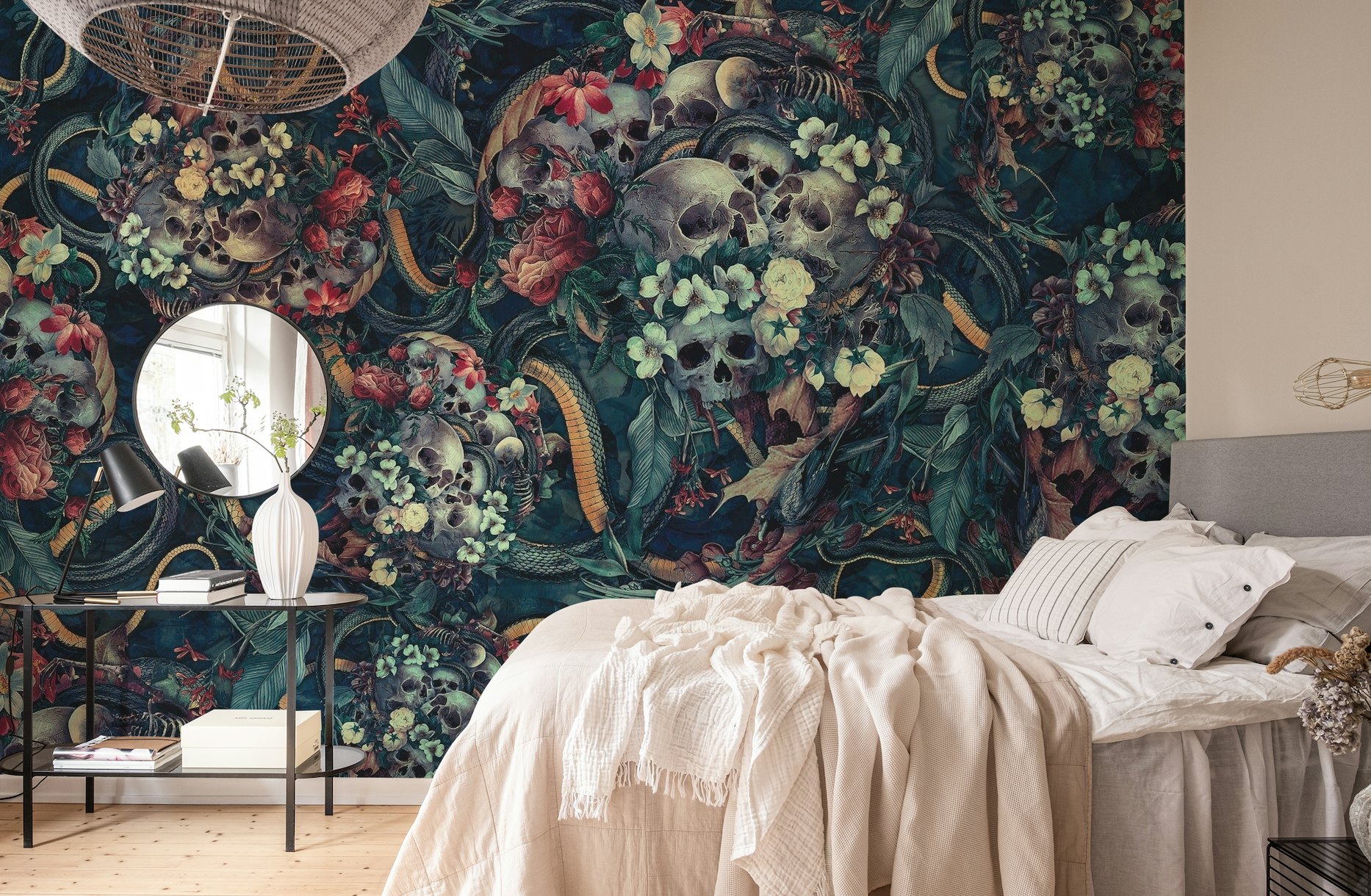 High-quality wall mural featuring a unique, stylish skull and snake design