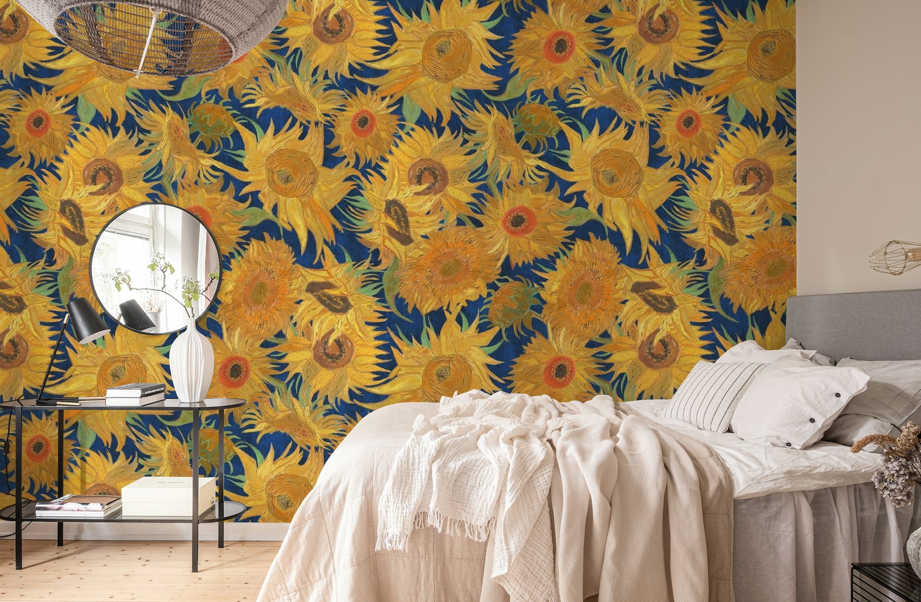 Wallpaper featuring design of Van Gogh's Sunflowers in indigo color.