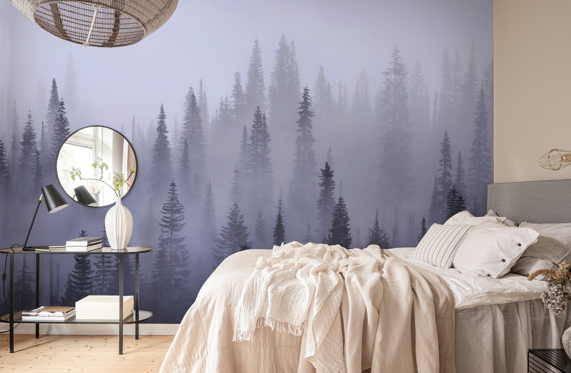 Misty forest wallpaper featuring tall, misty trees and serene atmosphere
