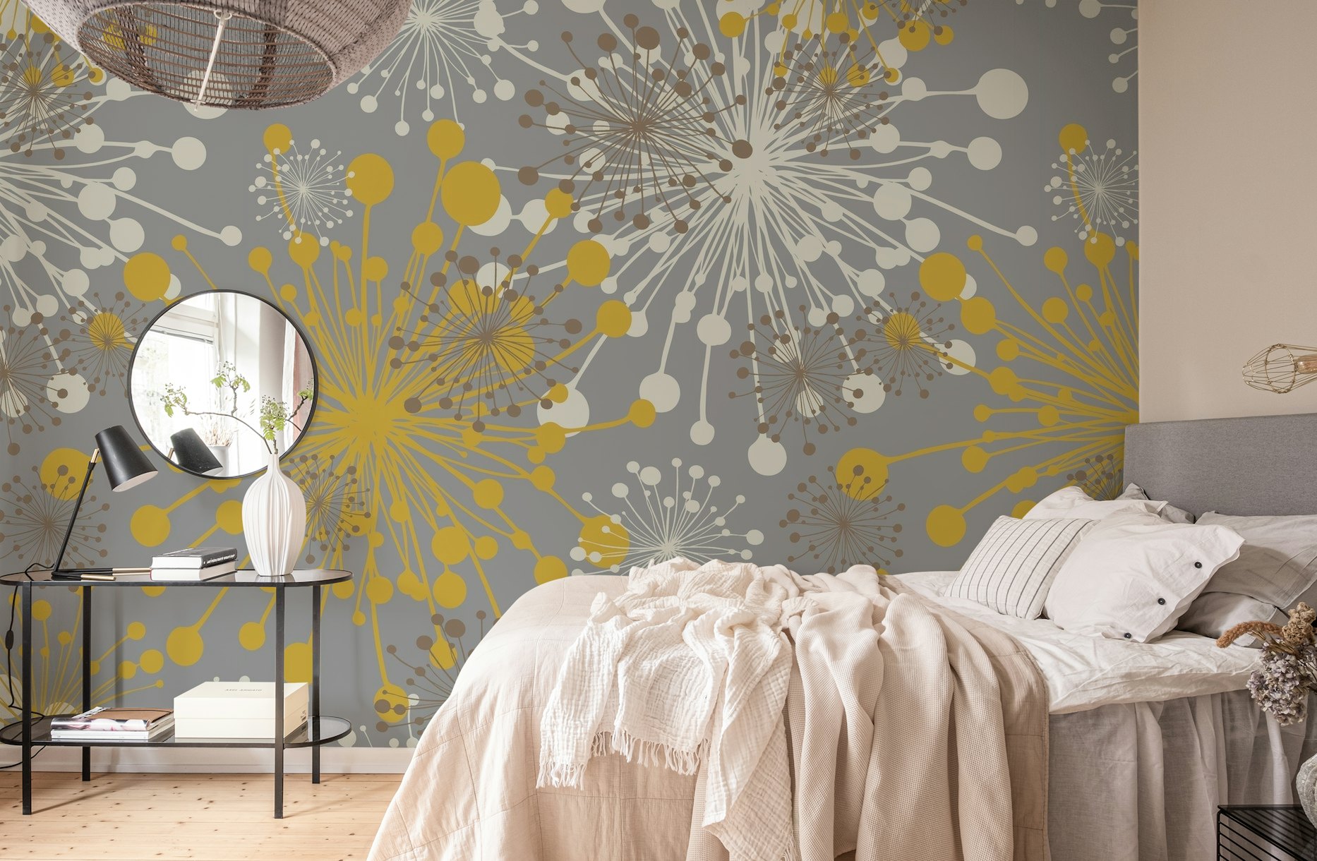 Dandelions grey mustard wallpaper