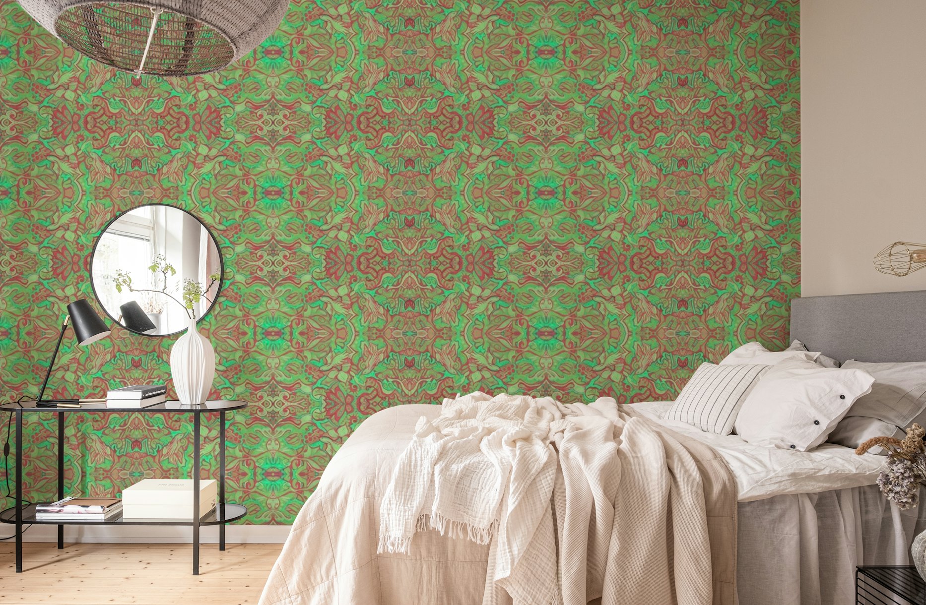 Birds Arabesque Pattern Green wallpaper