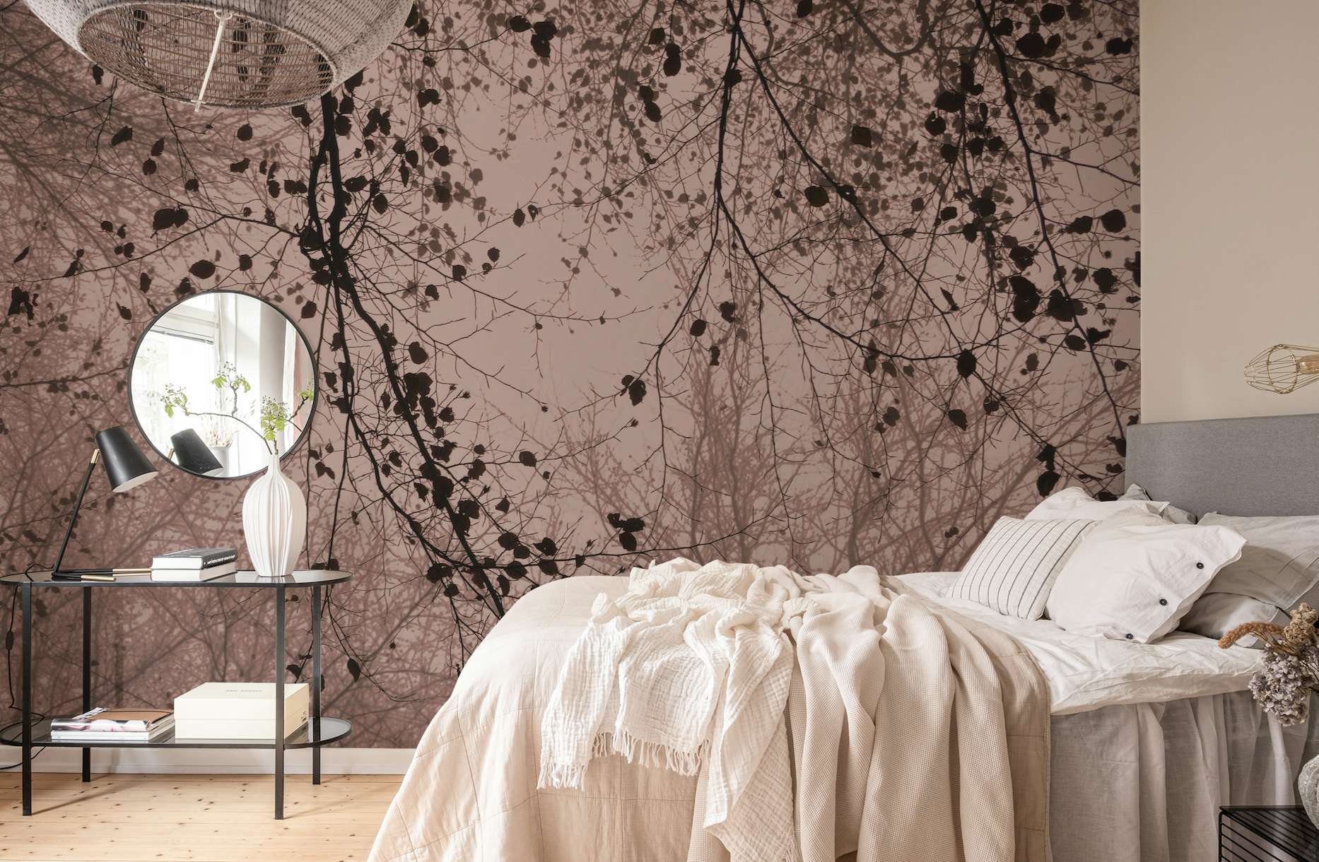 Leaves and branches silhouettes dusty pink wallpaper