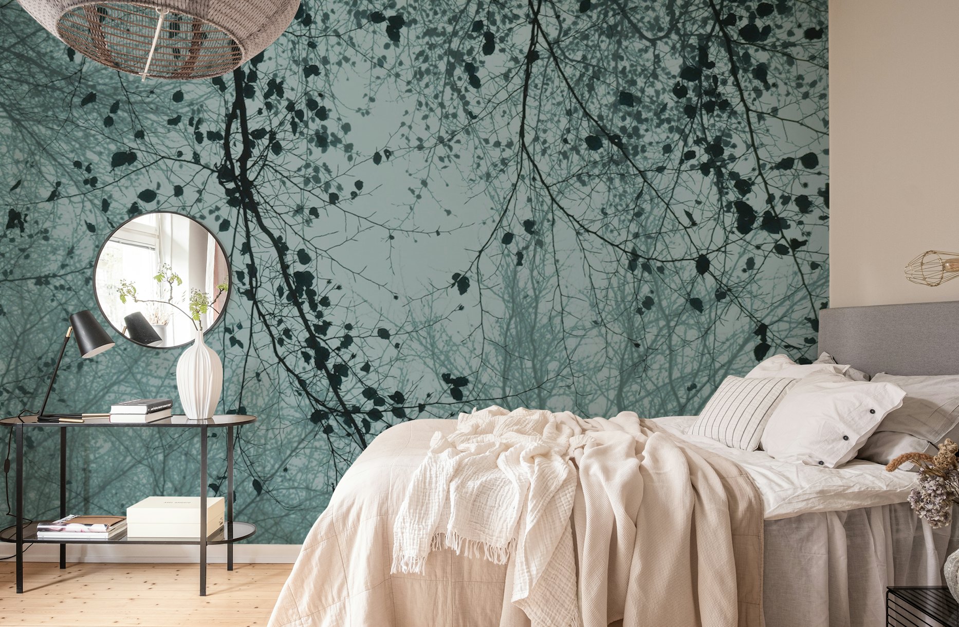 Nature-inspired Leaves and Branches Silhouettes Dusty Blue Wall Mural
