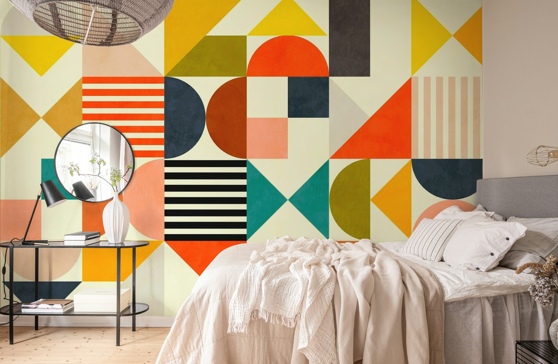 Colorful and vibrant Bauhaus geometric wallpaper design