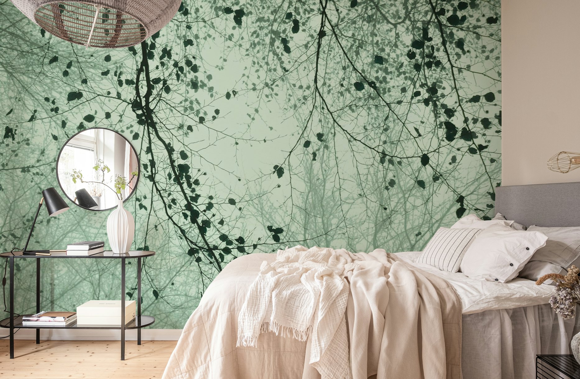 Leaves and branches sage green wallpaper