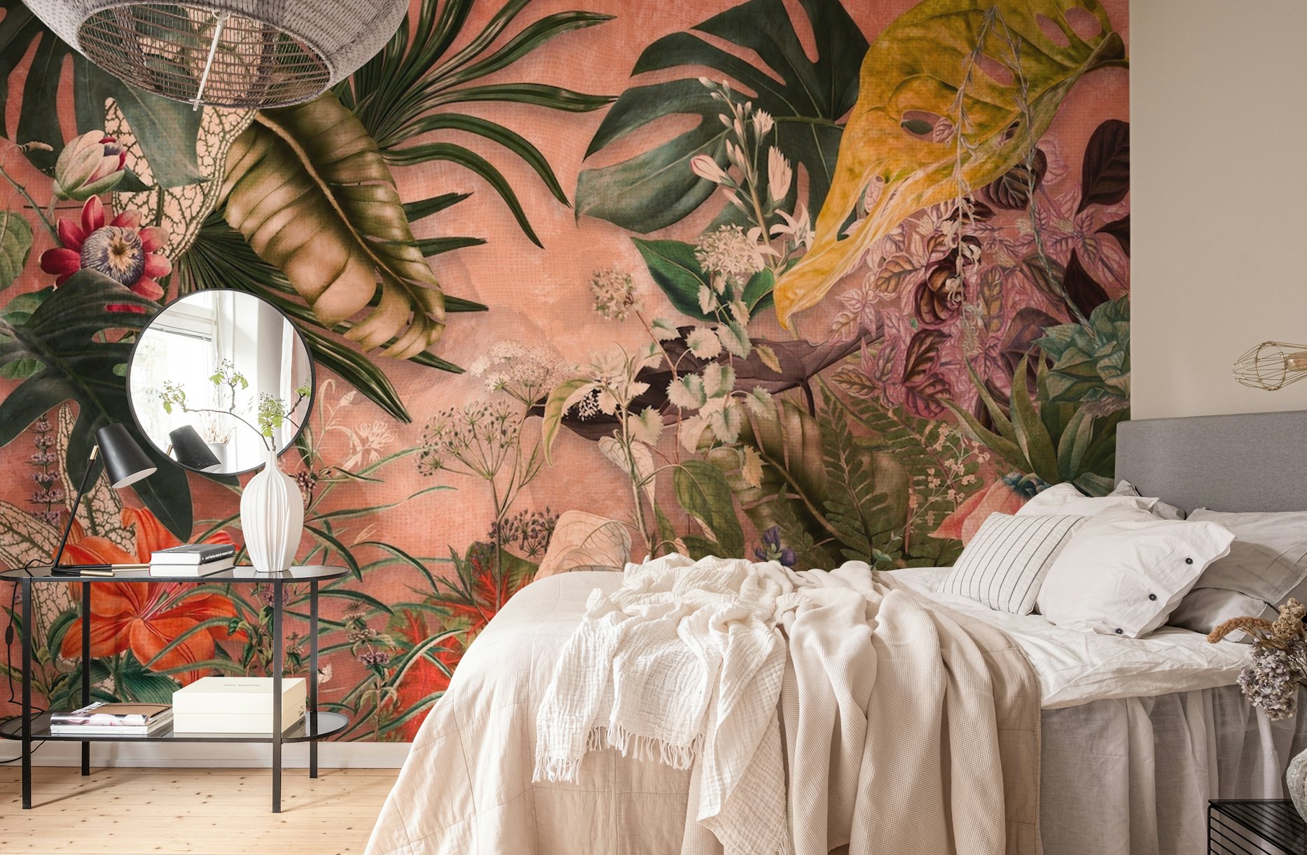 Jungle leaves on coral wallpaper